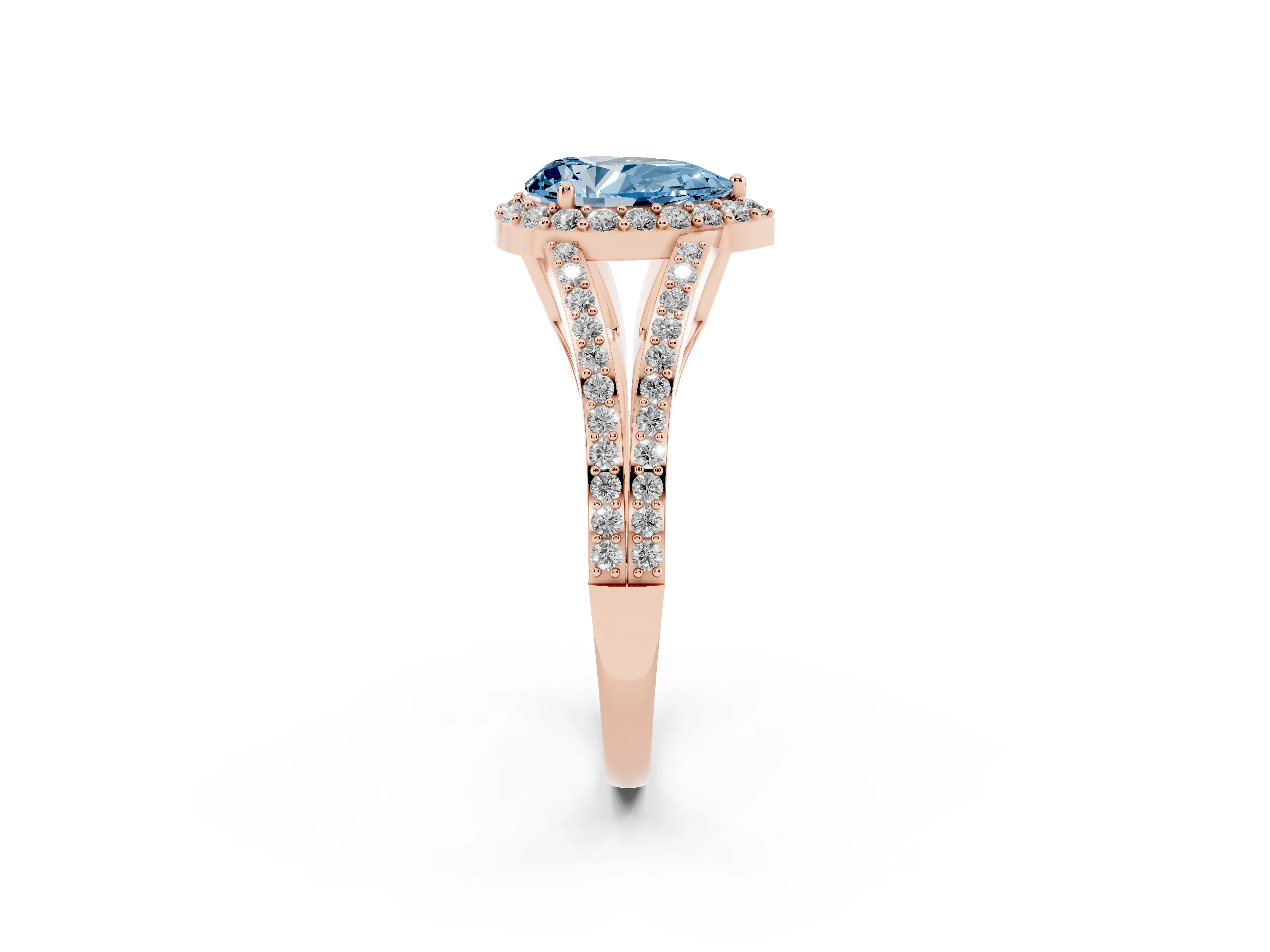 Fancy Blue Pear Cut Diamond Halo Split Shank Pavé Ring Set in Rose gold with Prong Setting