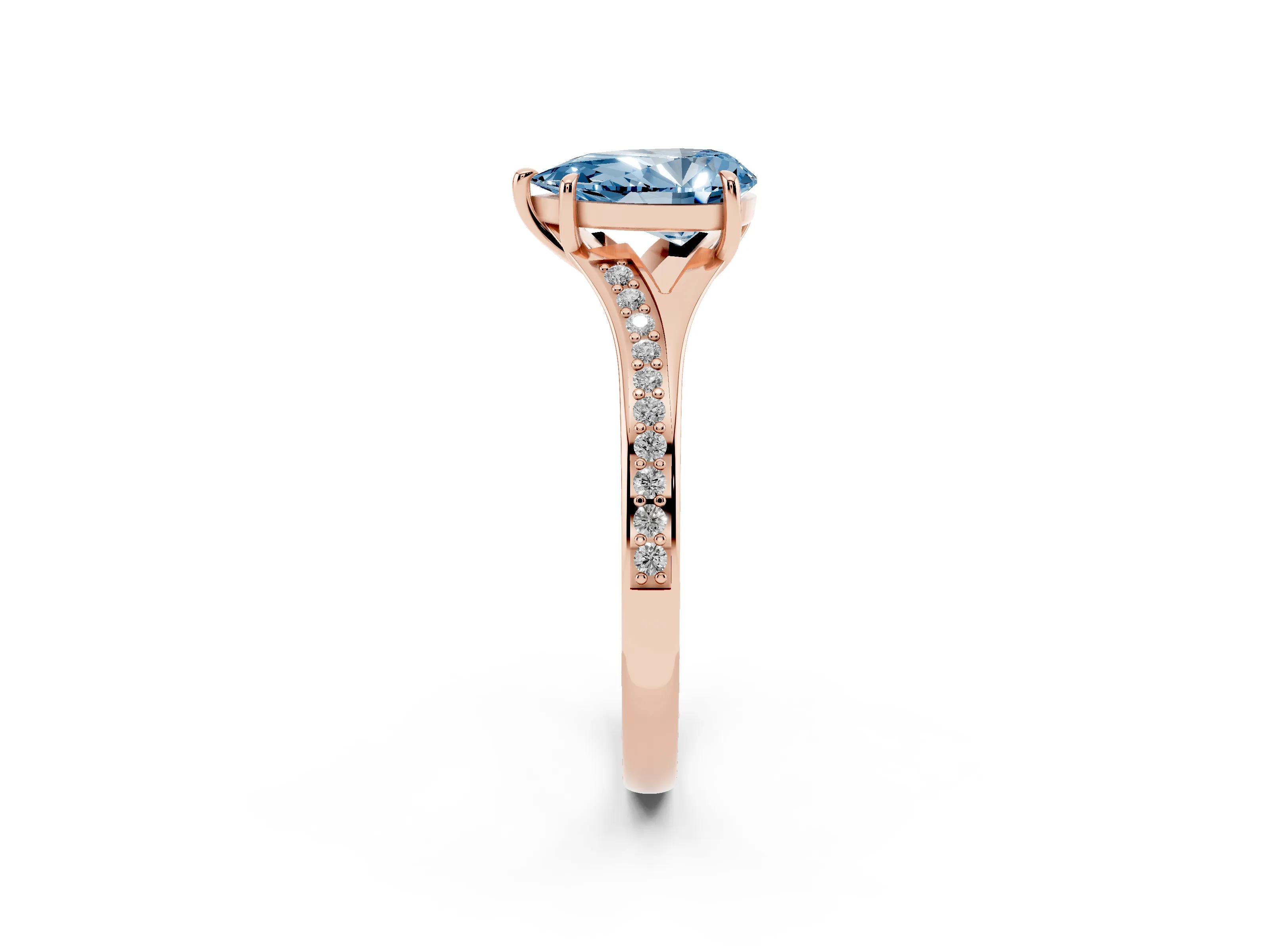 Fancy Blue Pear Cut Diamond Solitaire Ring Set in Rose gold with Pavé Accent Band and Classic Prong Setting