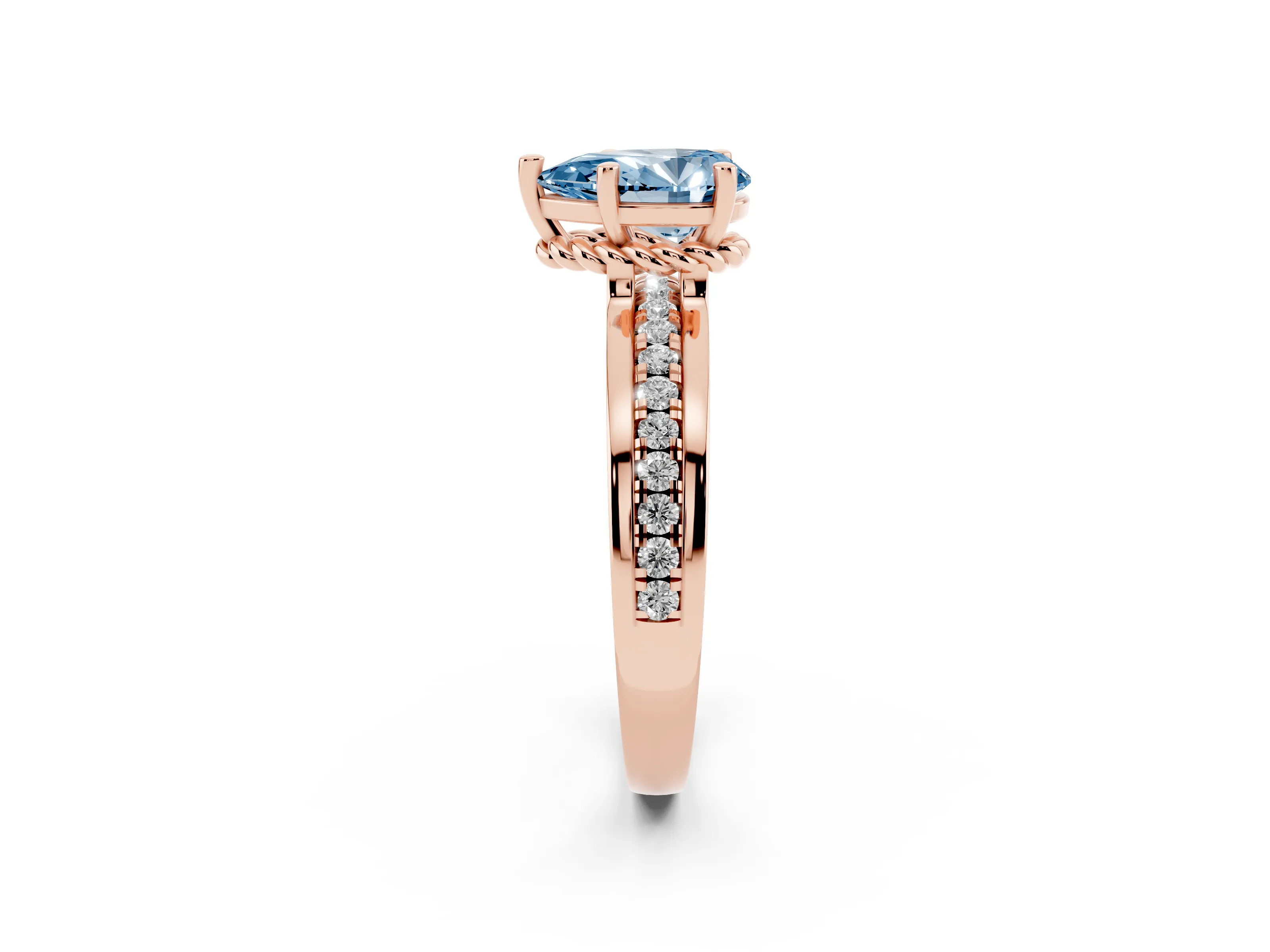 Fancy Blue Pear Cut Diamond Solitaire Ring Set in Rose gold with Channel Set Band and Prong Setting