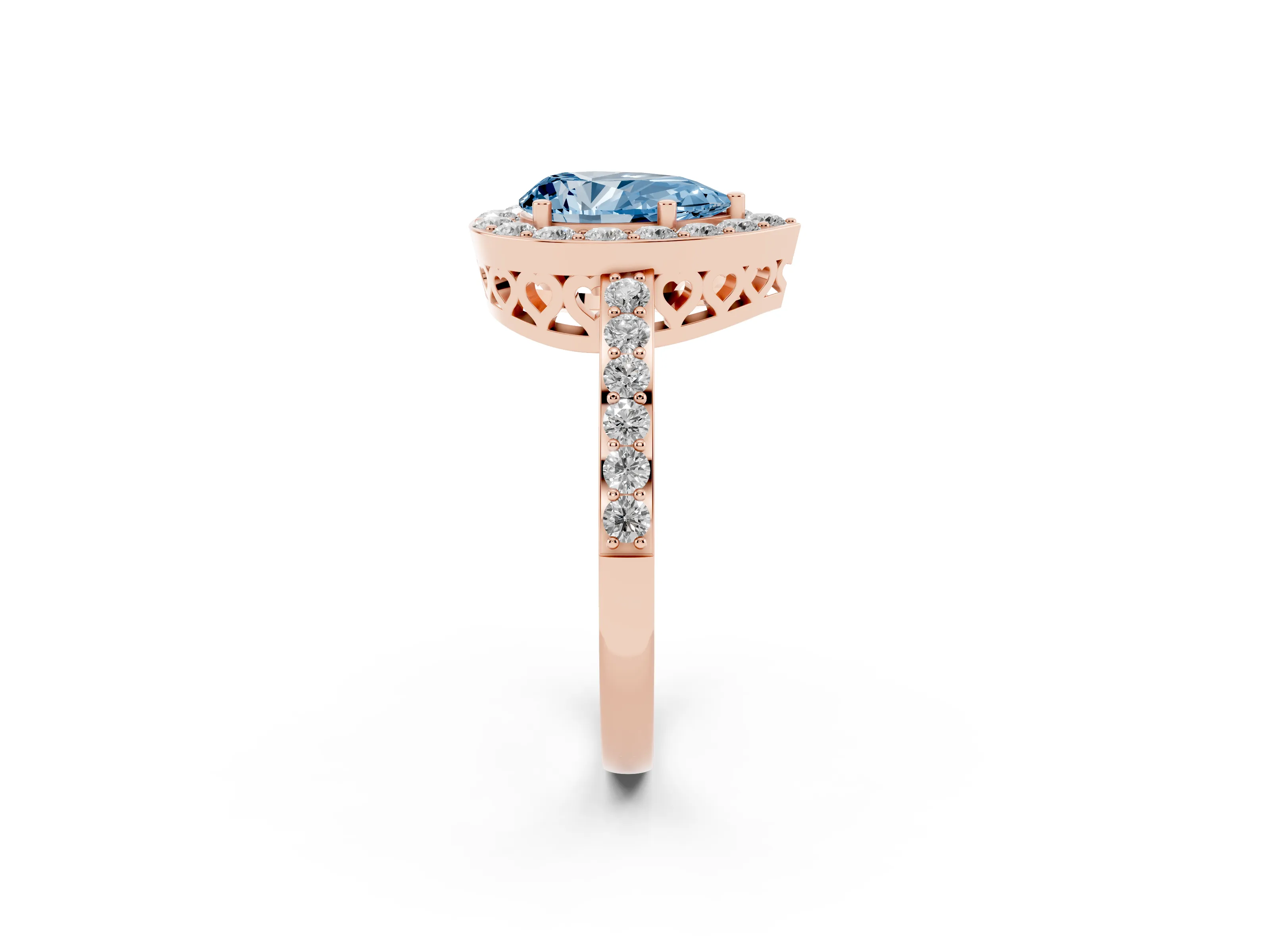 Fancy Blue Pear Cut Diamond Halo Ring Set in Rose gold with Pavé-Setting Band and Open Prong Center