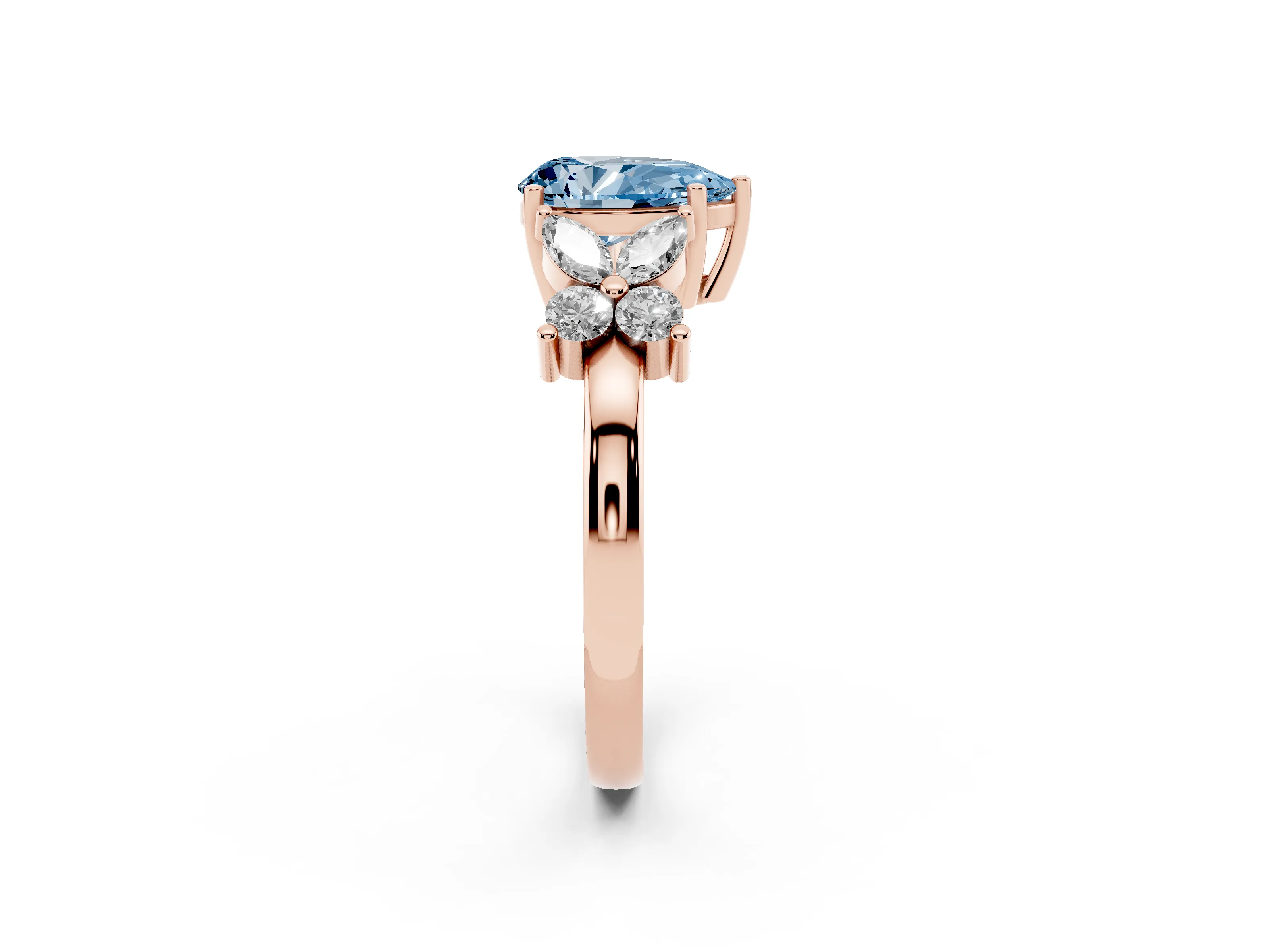 Fancy Blue Pear Cut Diamond Floral Cluster Ring Set in Rose gold with Marquise Petals and Prong Setting