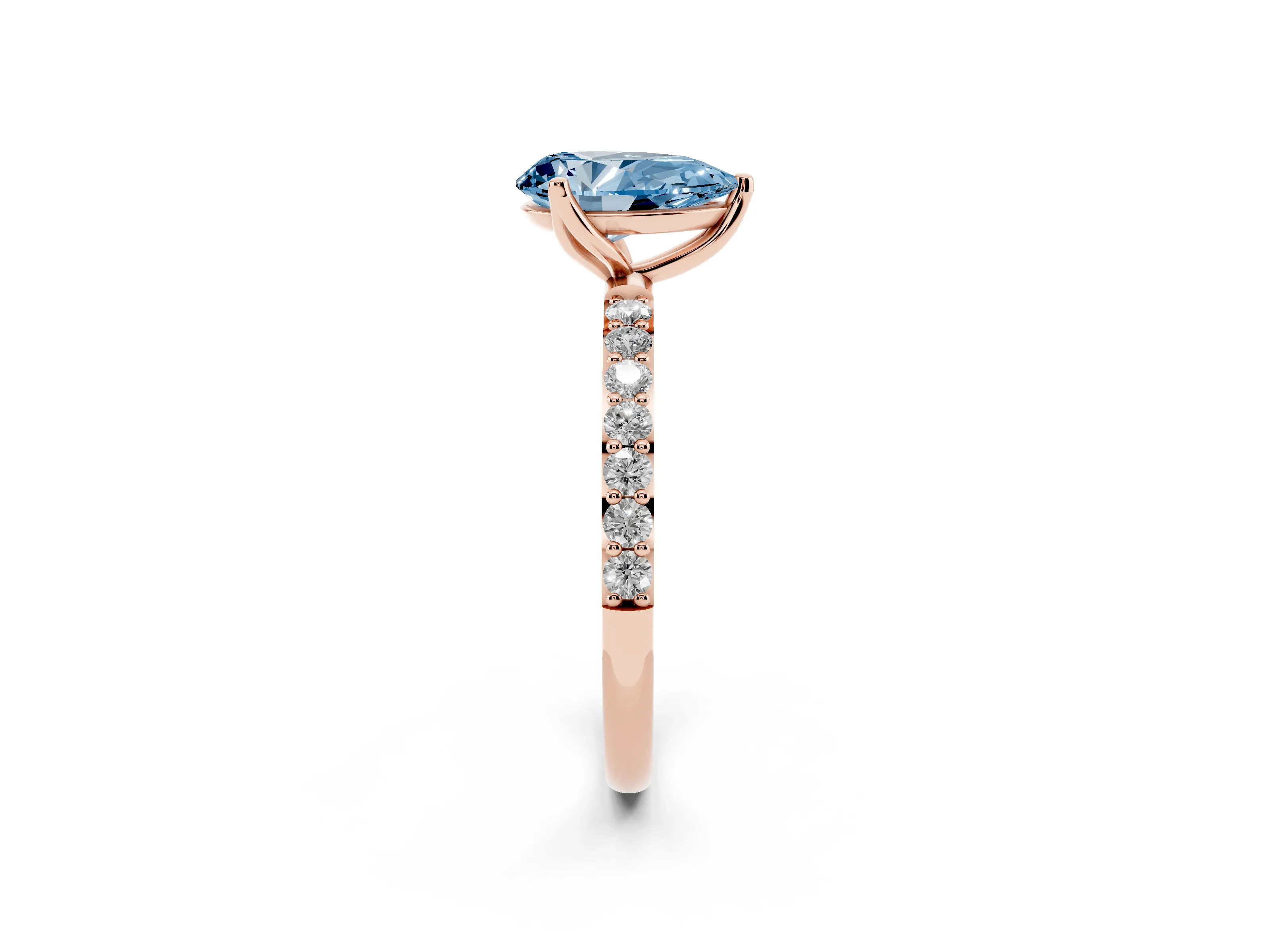 Fancy Blue Pear Cut Diamond Solitaire Engagement Ring Set in Rose gold with Round Pavé Band and Prong Setting