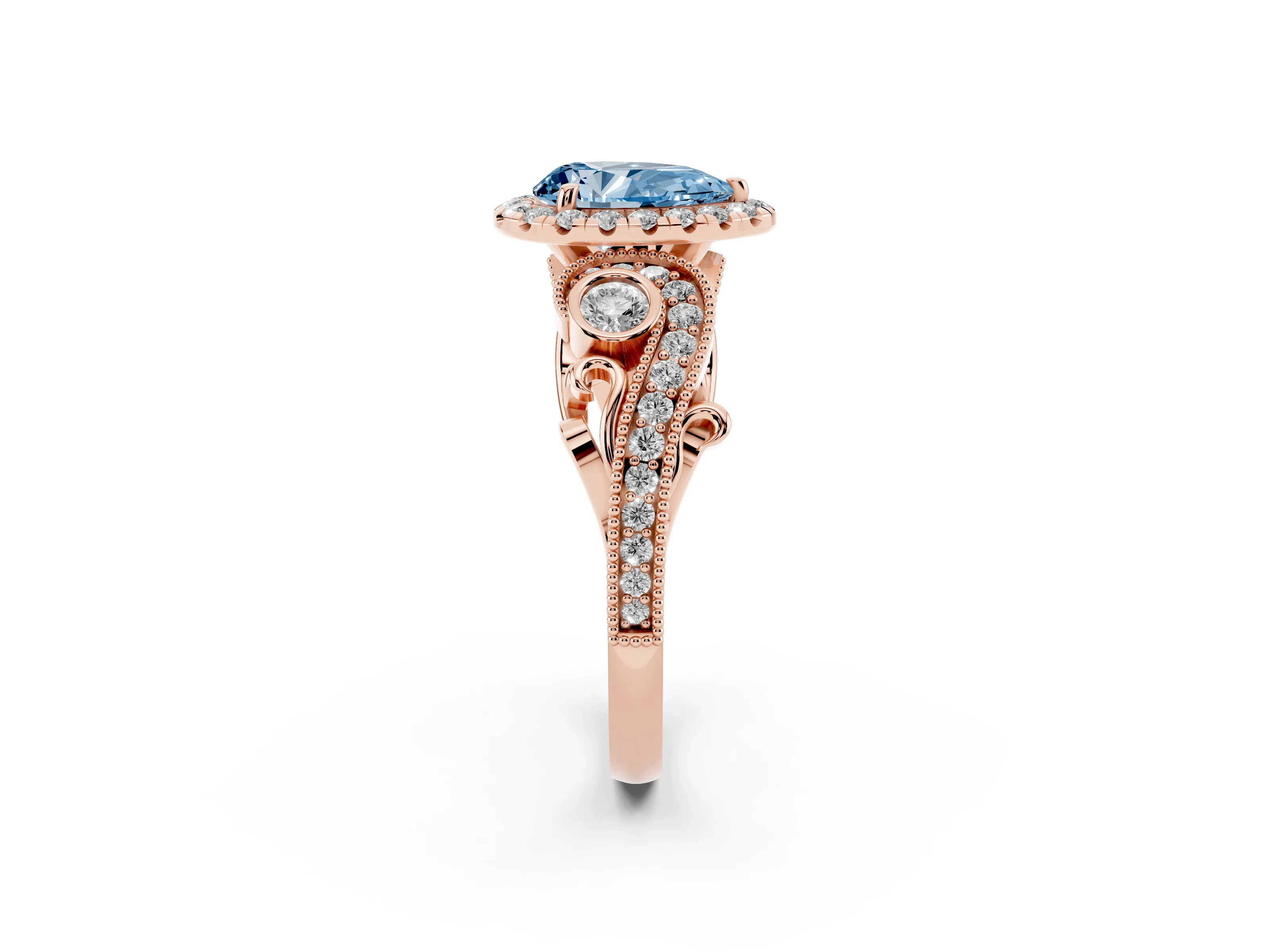 Fancy Blue Pear Cut Diamond Halo Ring Set in Rose gold with Milgrain Pavé Band and Prong Setting