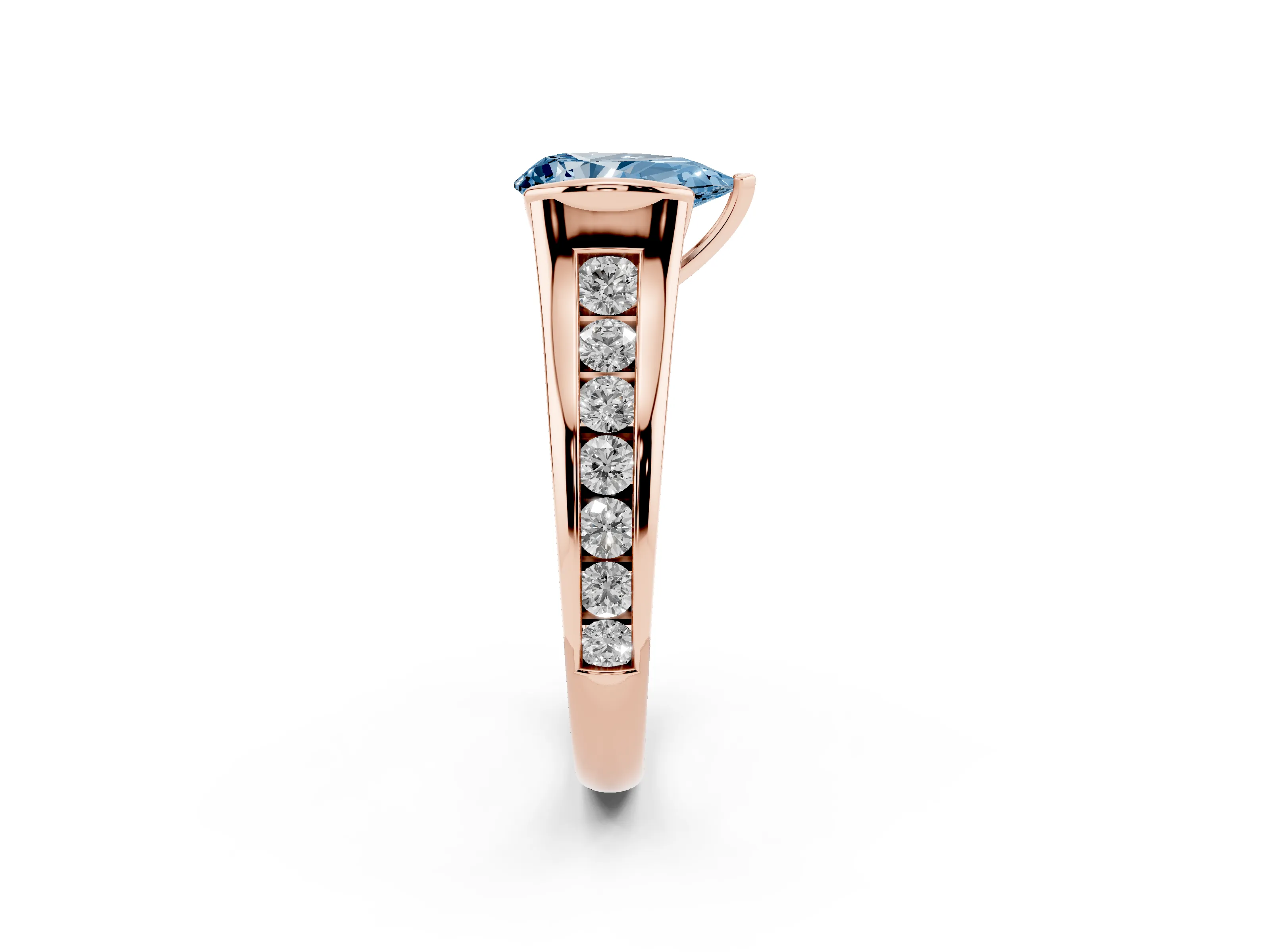 Fancy Blue Pear Cut Diamond Bezel-Set Solitaire Ring Set in Rose gold with Channel-Set Band