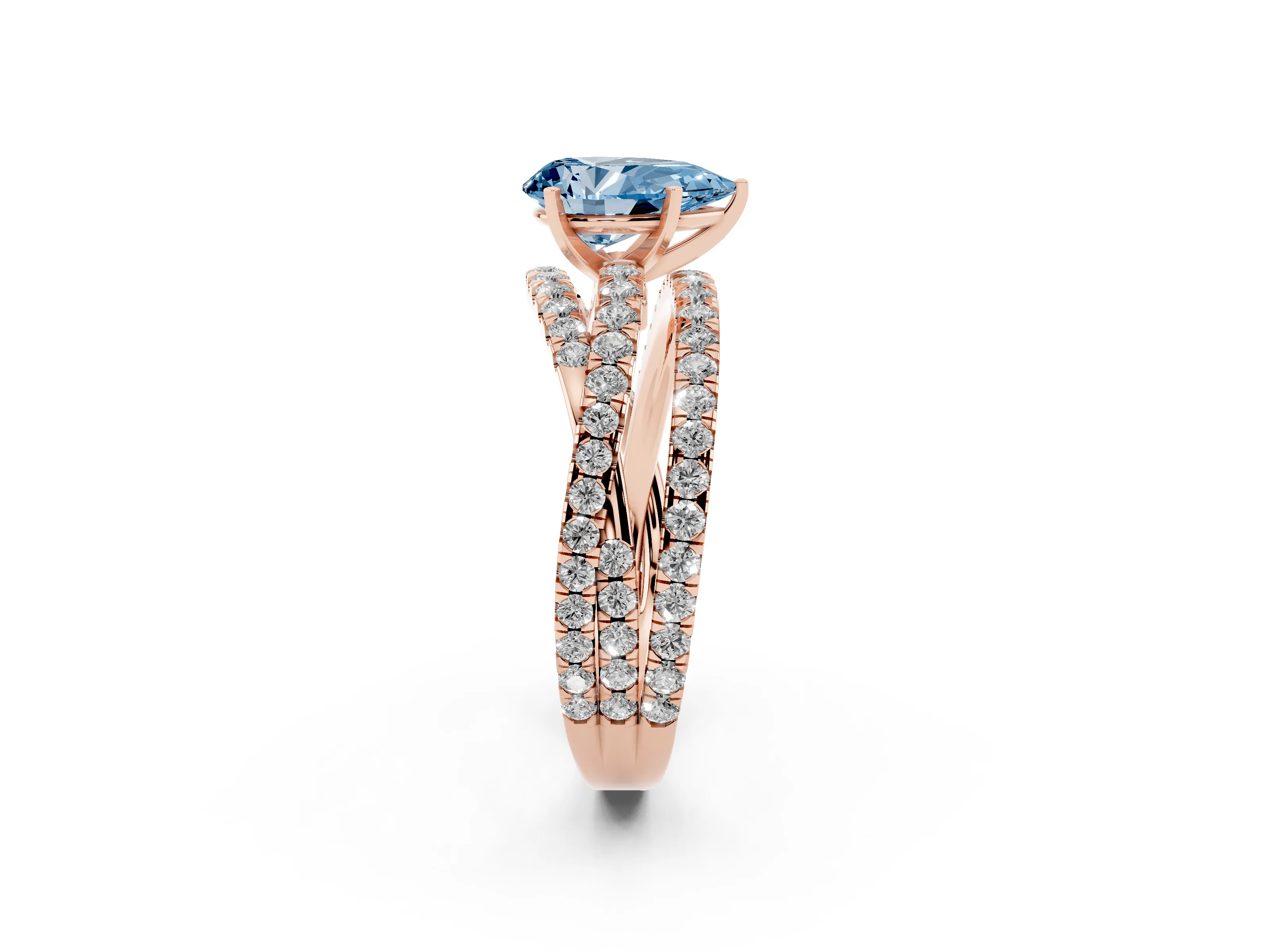 Fancy Blue Pear Cut Diamond Solitaire Twist Band Ring Set in Rose gold with Pavé Setting and Prong Head