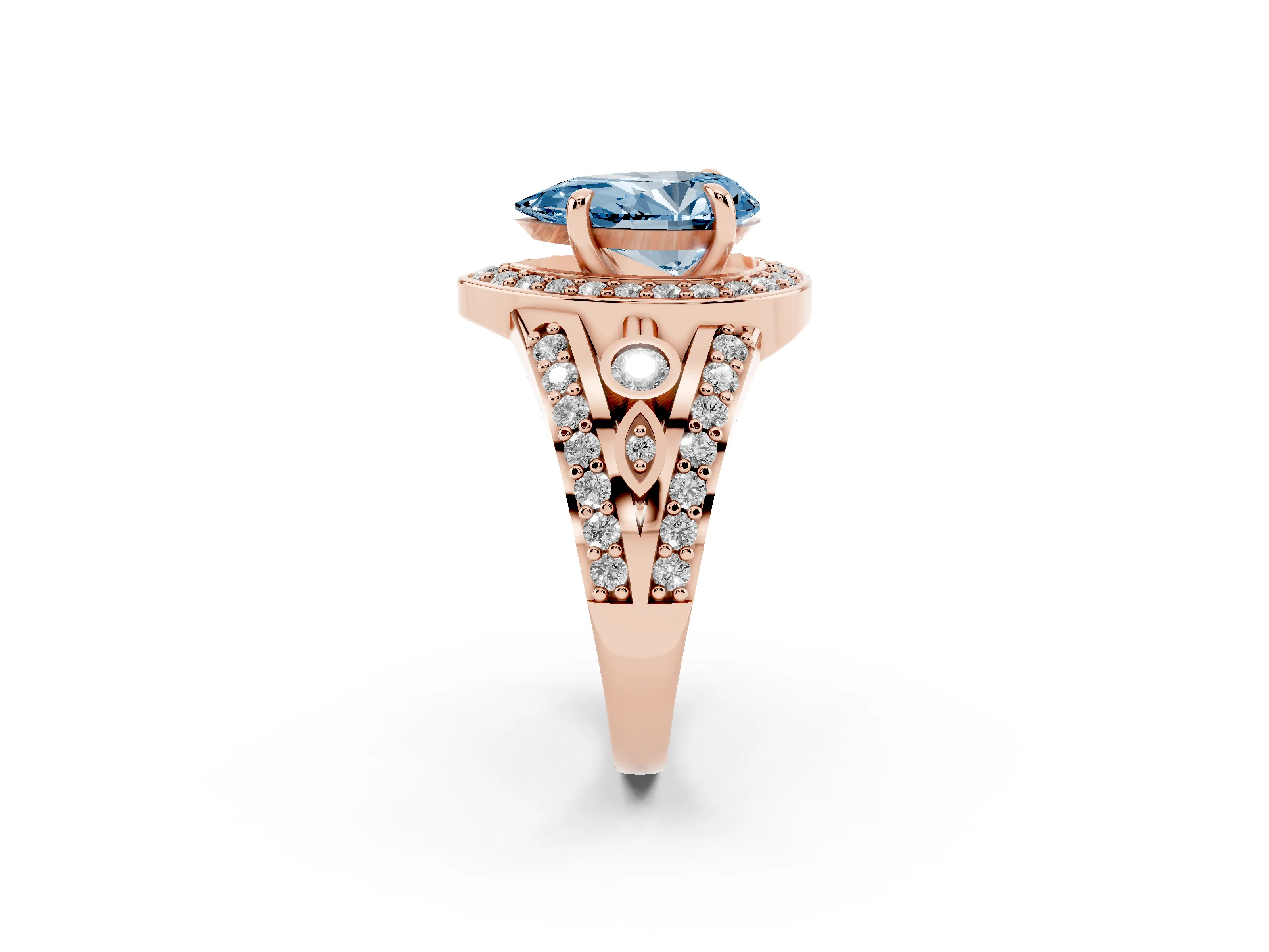 Fancy Blue Pear Cut Diamond Halo Ring Set in Rose gold with Pavé Split Shank and Bezel Accents