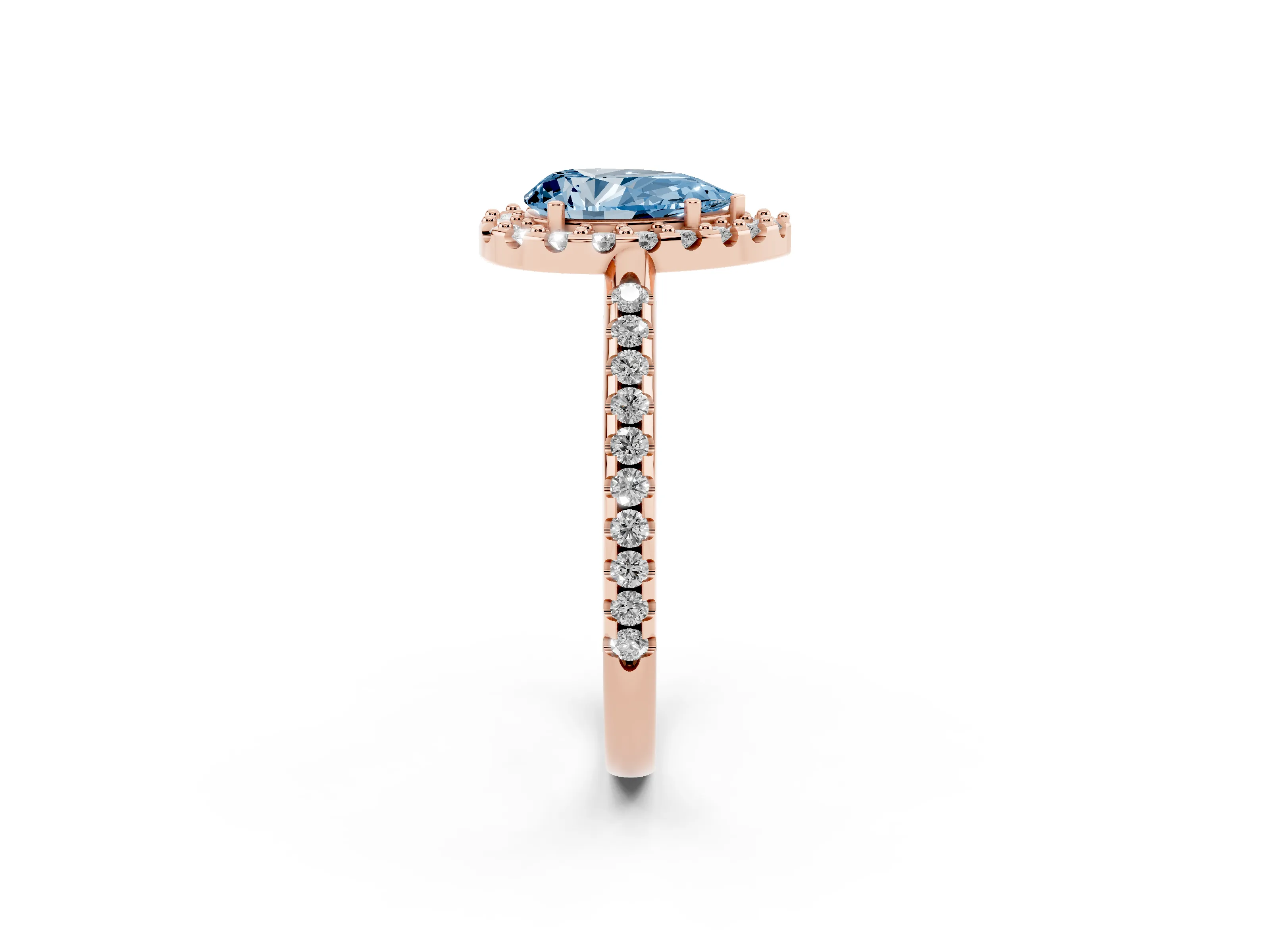 Fancy Blue Pear Cut Diamond Pavé Halo Ring Set in Rose gold with Prong Setting