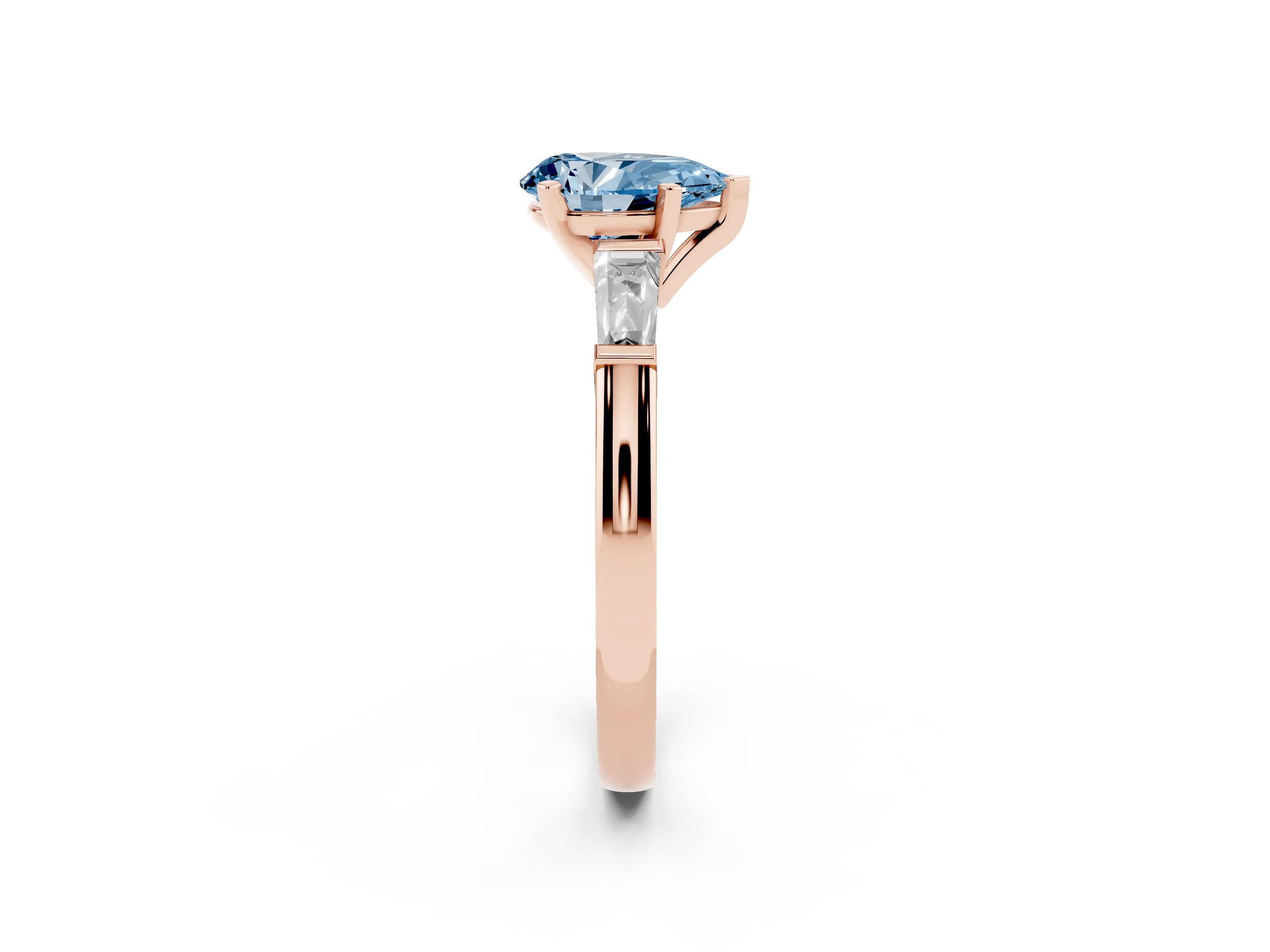 Fancy Blue Pear Cut Diamond Solitaire Ring Set in Rose gold with Tapered Baguette Side Stones and Prong Setting