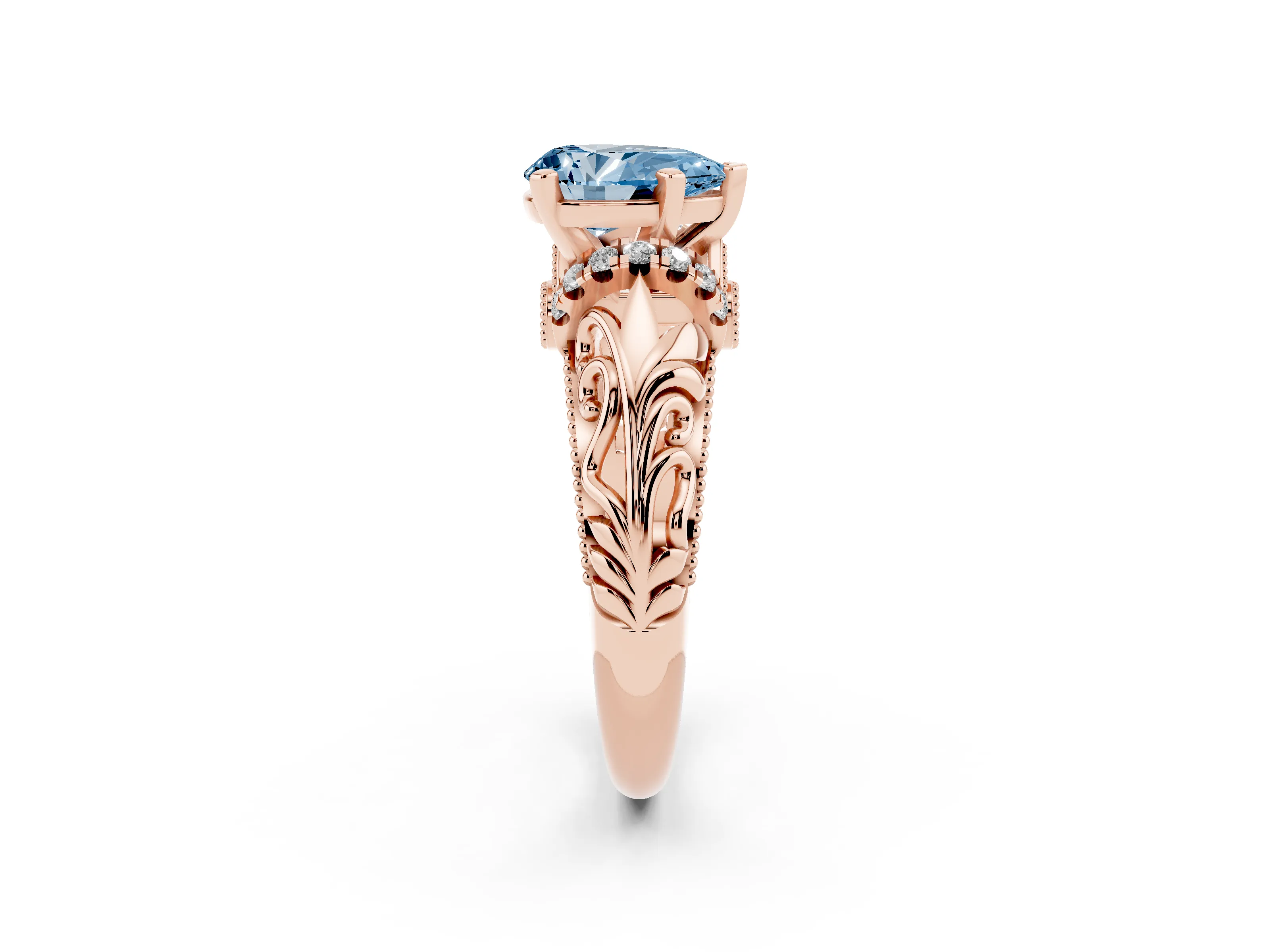 Fancy Blue Pear Cut Diamond Filigree Halo Engagement Ring Set in Rose gold with Prong Setting