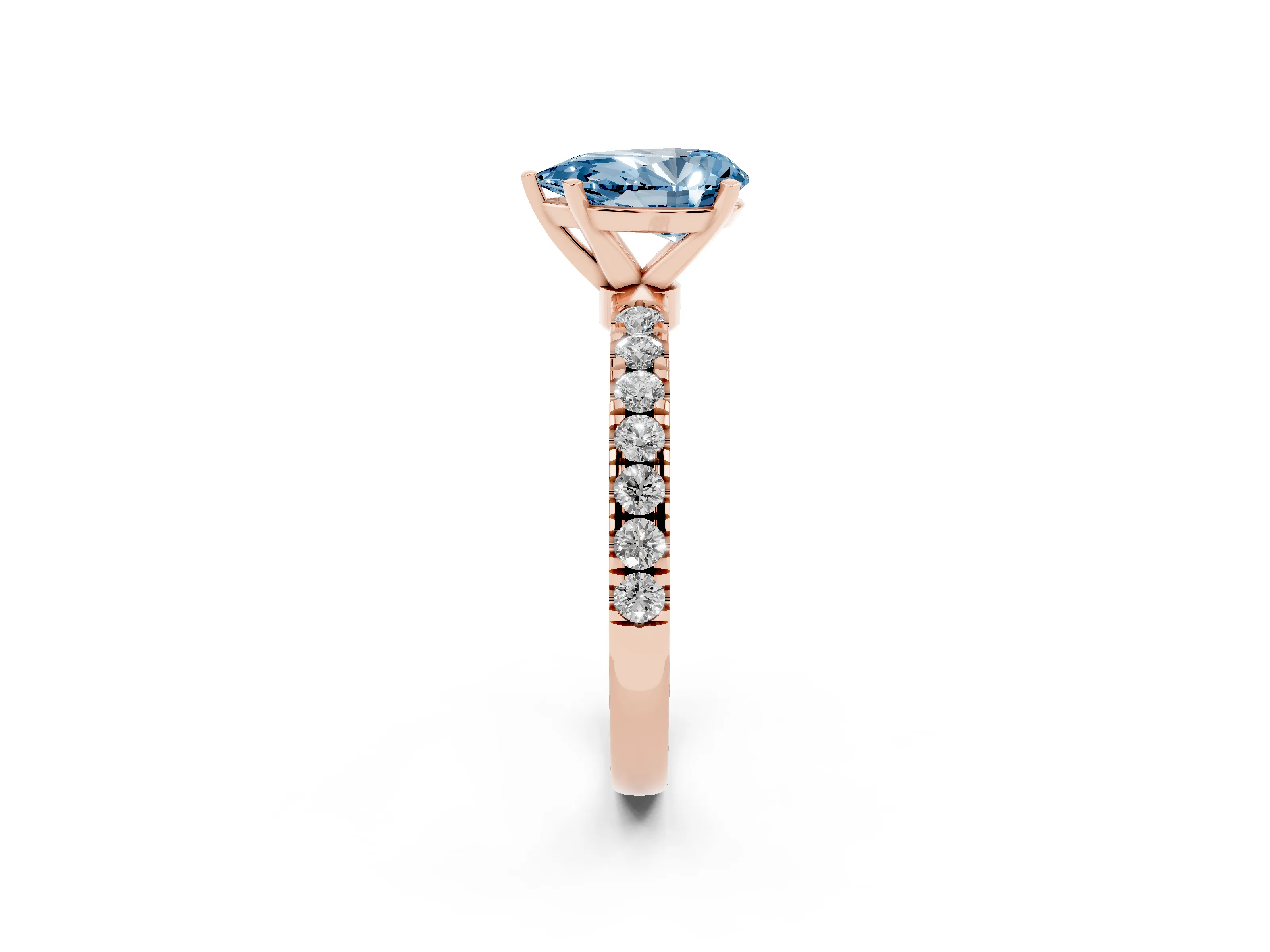 Fancy Blue Pear Cut Diamond Solitaire Ring Set in Rose gold with Pavé Accents and Prong Setting