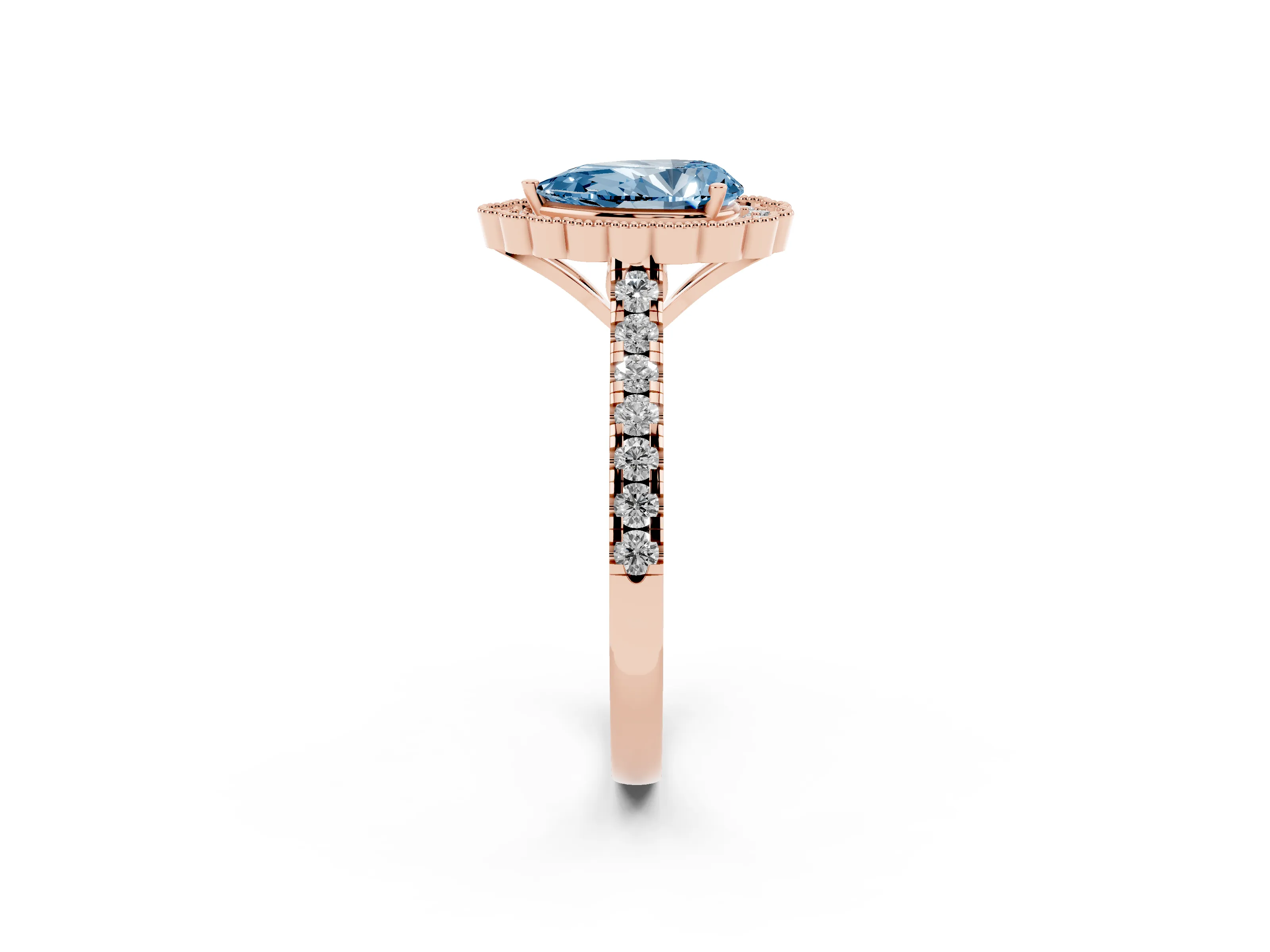 Fancy Blue Pear Cut Diamond Milgrain Floral Halo Engagement Ring Set in Rose gold with Pavé Band