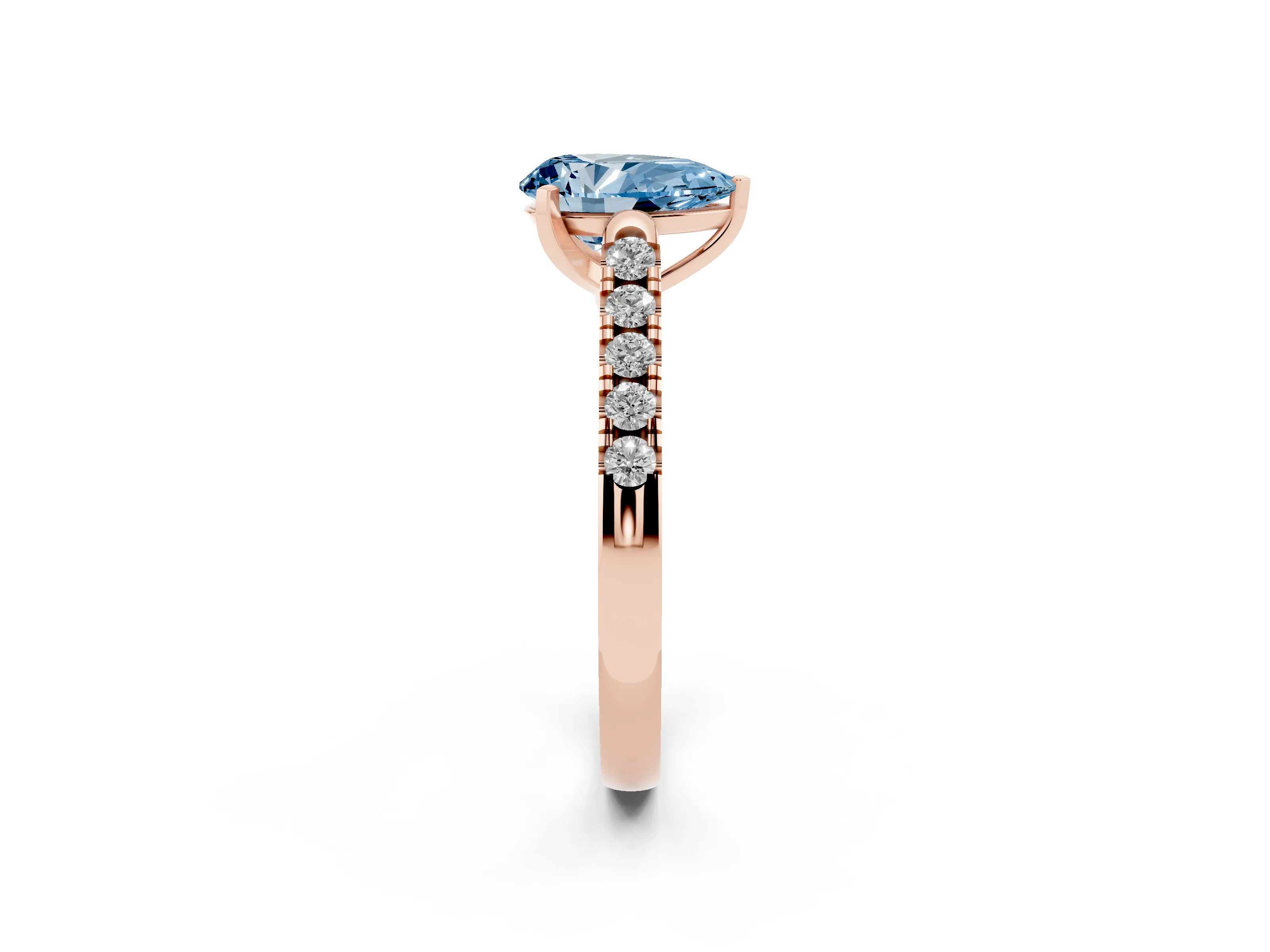 Fancy Blue Pear Cut Diamond Pavé Band Solitaire Ring Set in Rose gold with Partway Accent Stones and Prong Setting