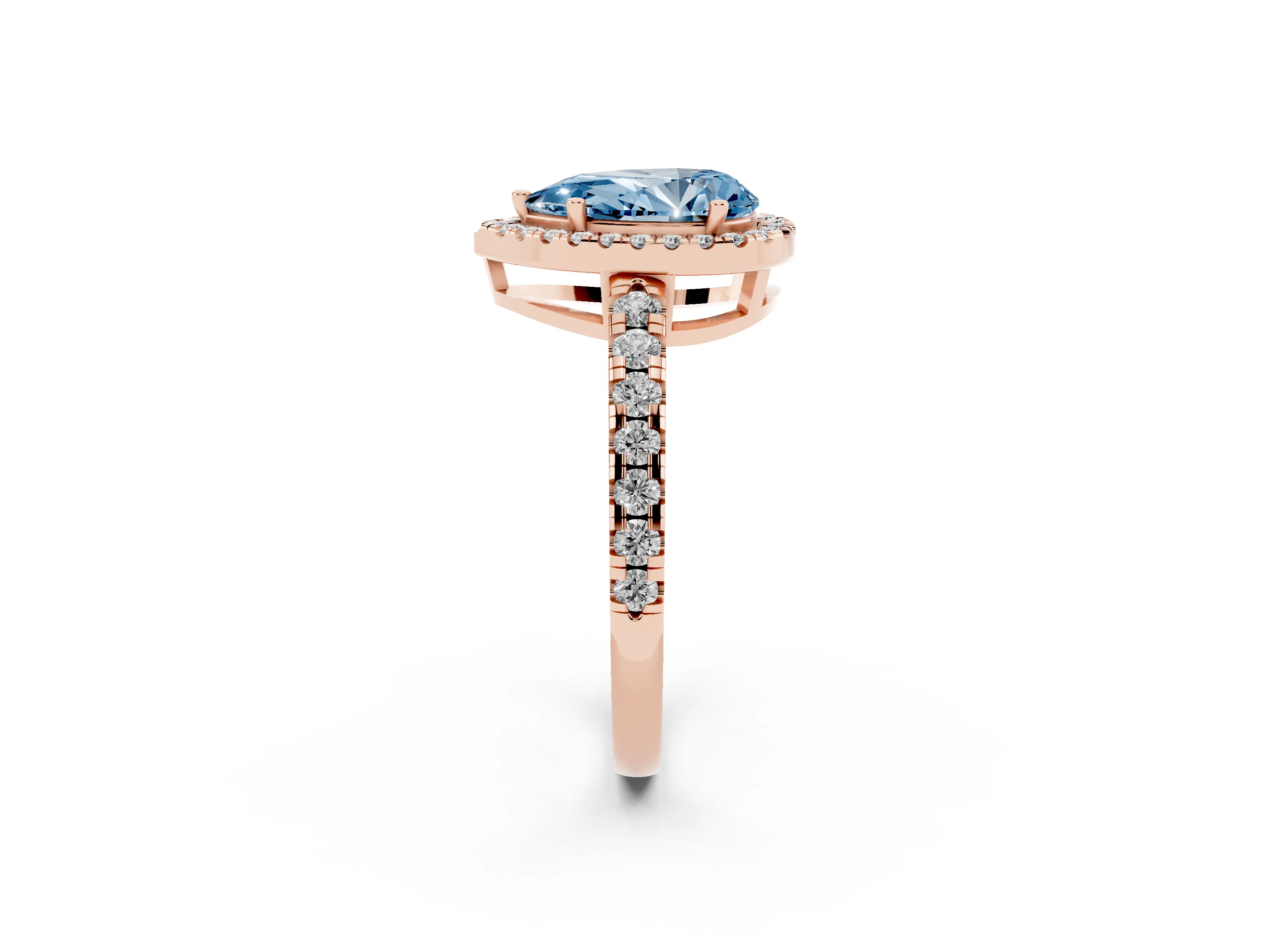 Fancy Blue Pear Cut Diamond Halo Ring Set in Rose gold with Delicate Pavé Band and Prong Setting
