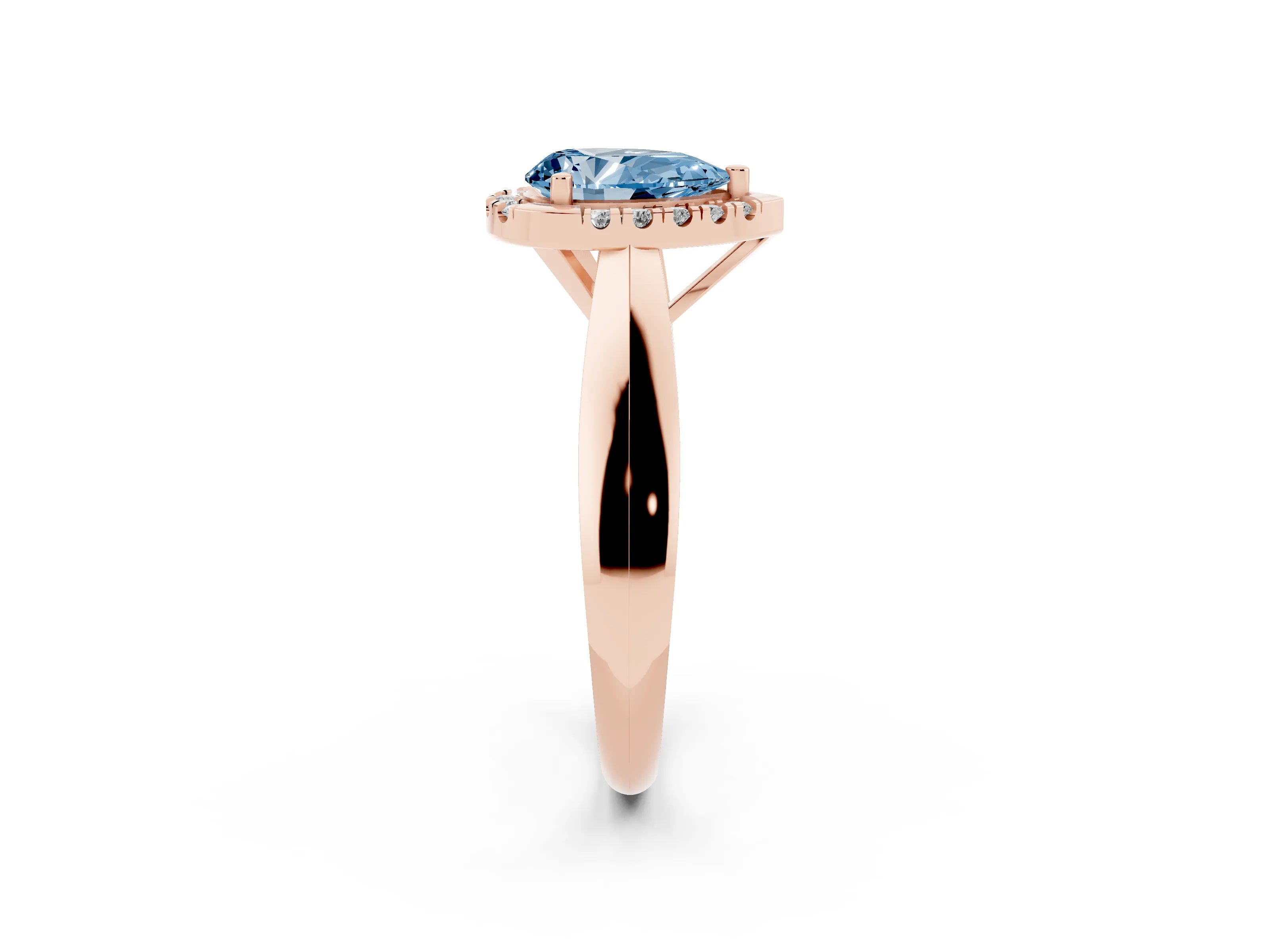 Fancy Blue Pear Cut Diamond Halo Solitaire Engagement Ring Set in Rose gold with Square Band and Prong Setting