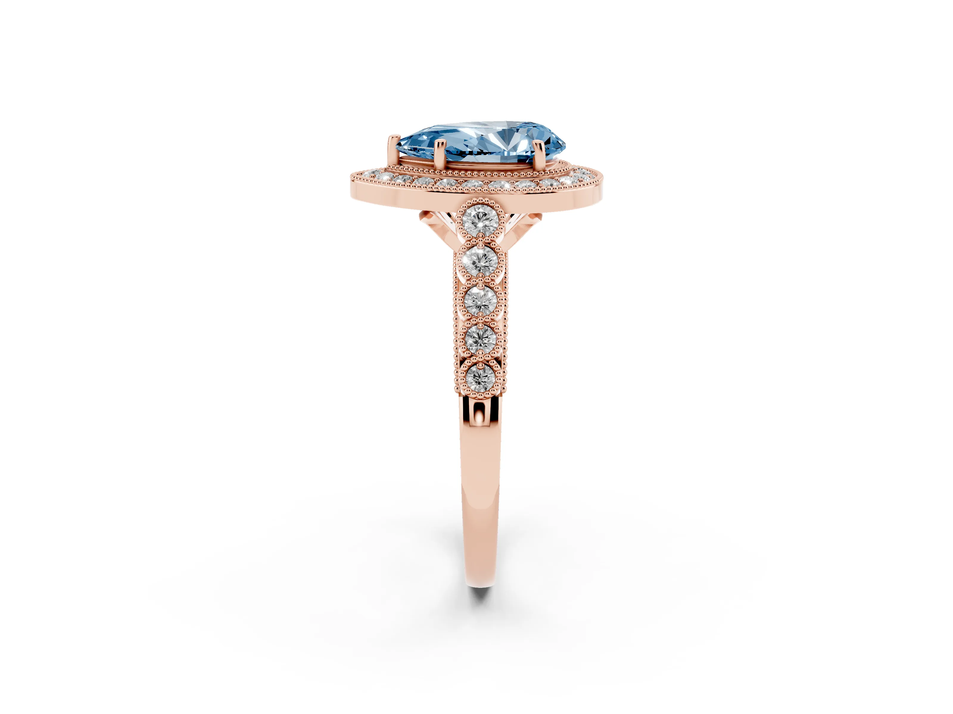 Fancy Blue Pear Cut Diamond Milgrain Halo Solitaire Ring Set in Rose gold with Bezel Set Side Stones and Pavé Band