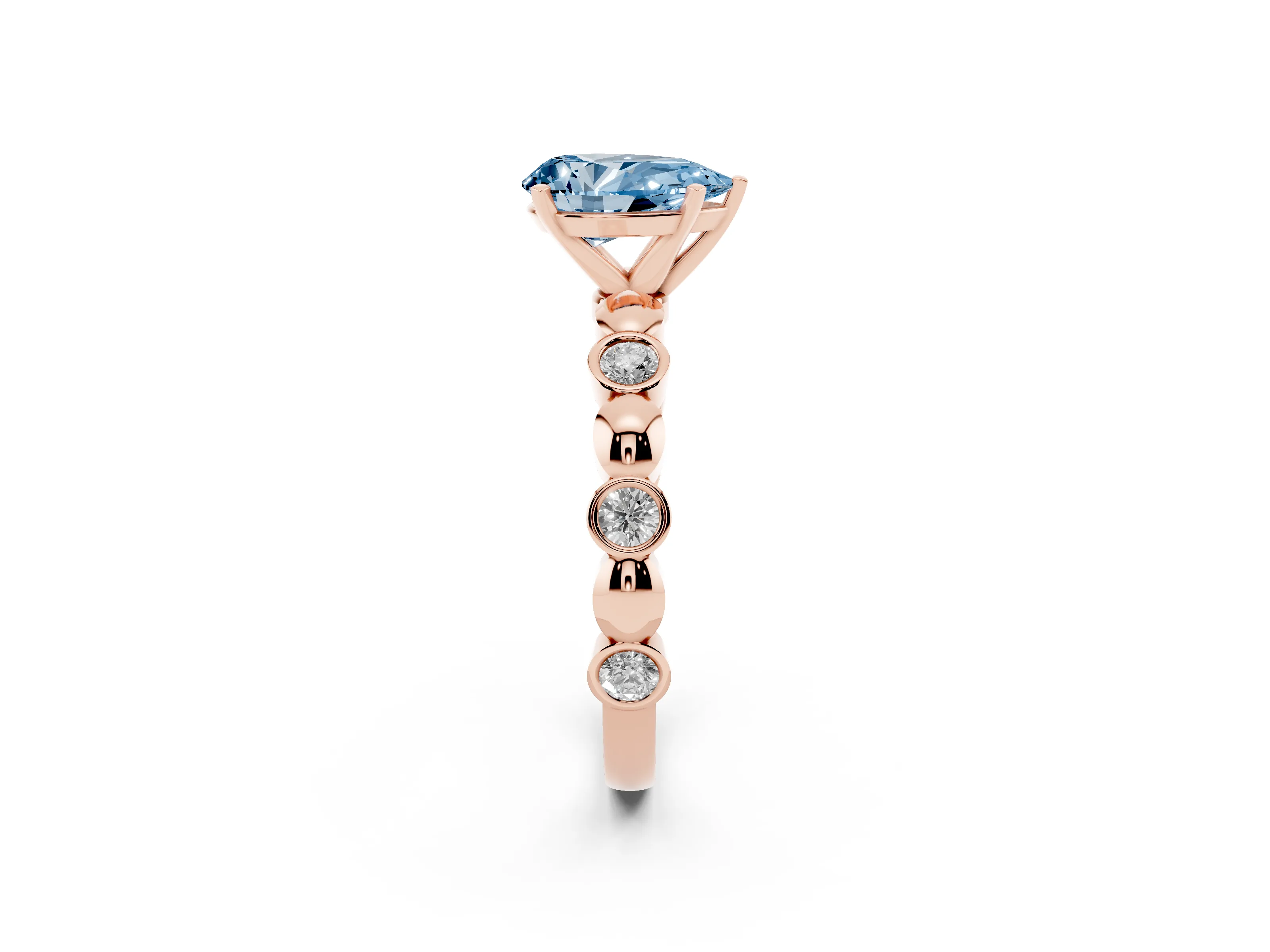 Fancy Blue Pear Cut Diamond Solitaire Ring Set in Rose gold with Bezel-Set Accents on Beaded Band and Prong Setting