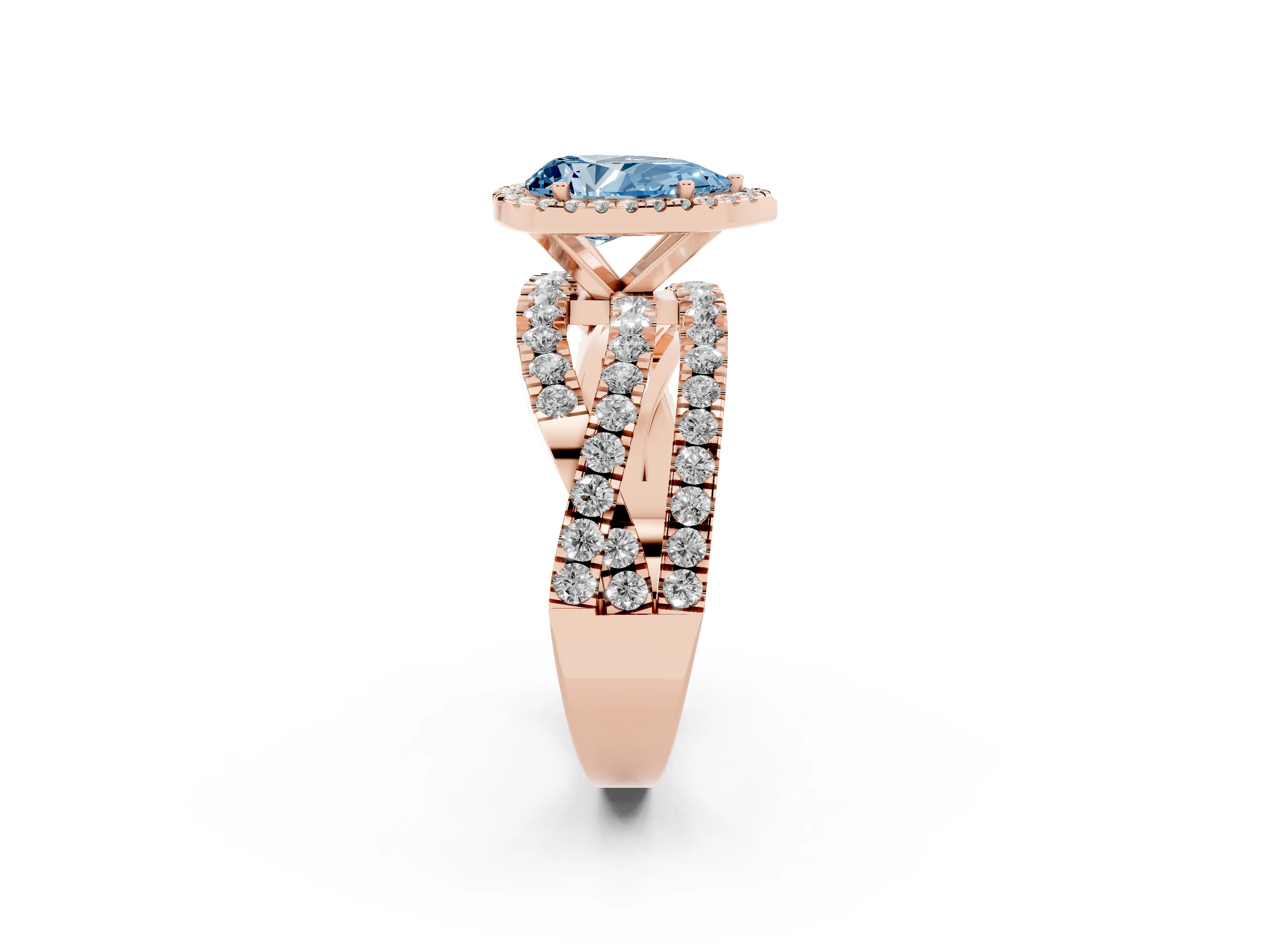 Fancy Blue Pear Cut Diamond Halo Ring Set in Rose gold with Round Crossover Split Shank and Prong Setting