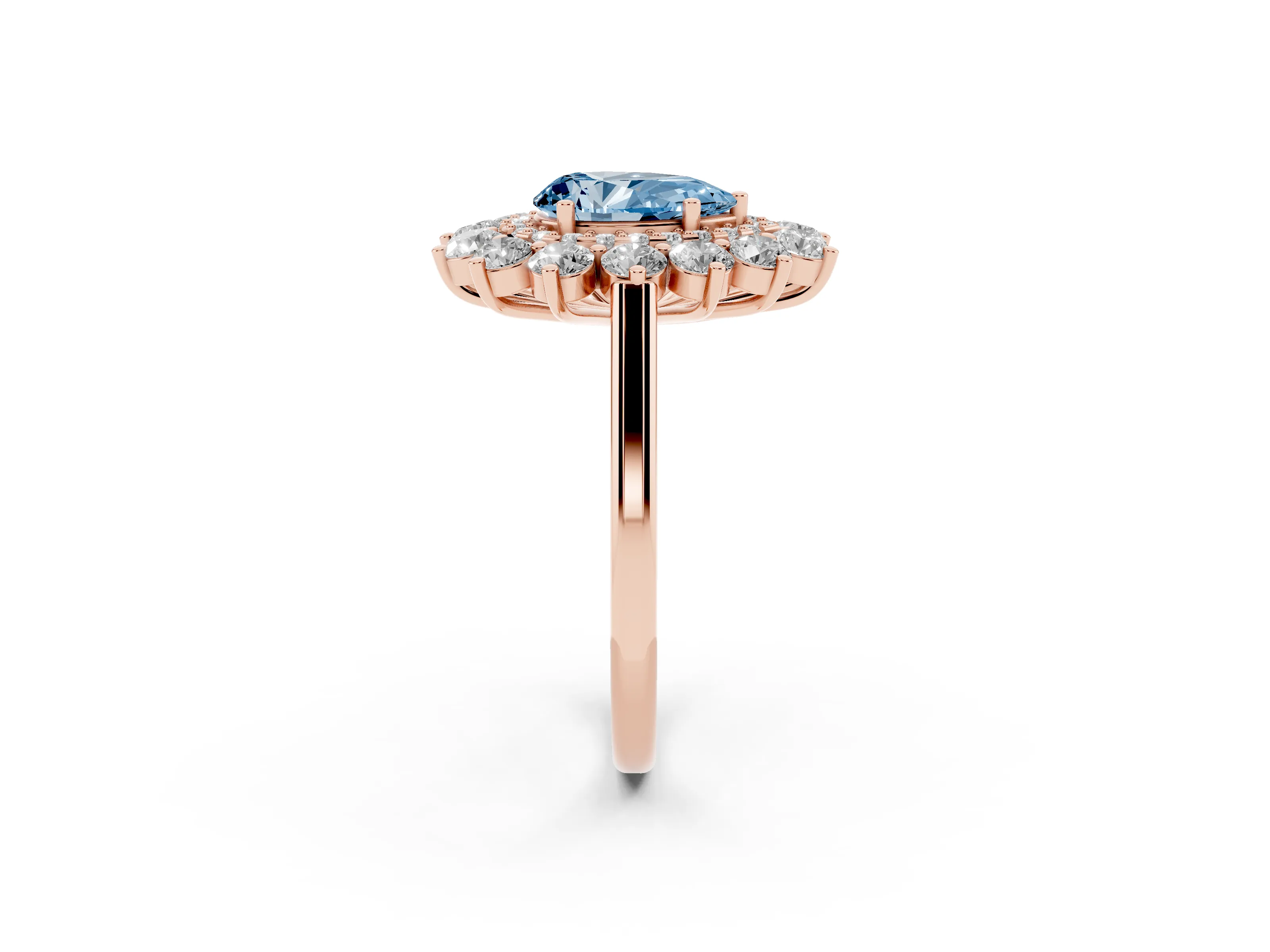 Fancy Blue Pear Cut Diamond Floral Double Halo Ring Set in Rose gold with Round Petals