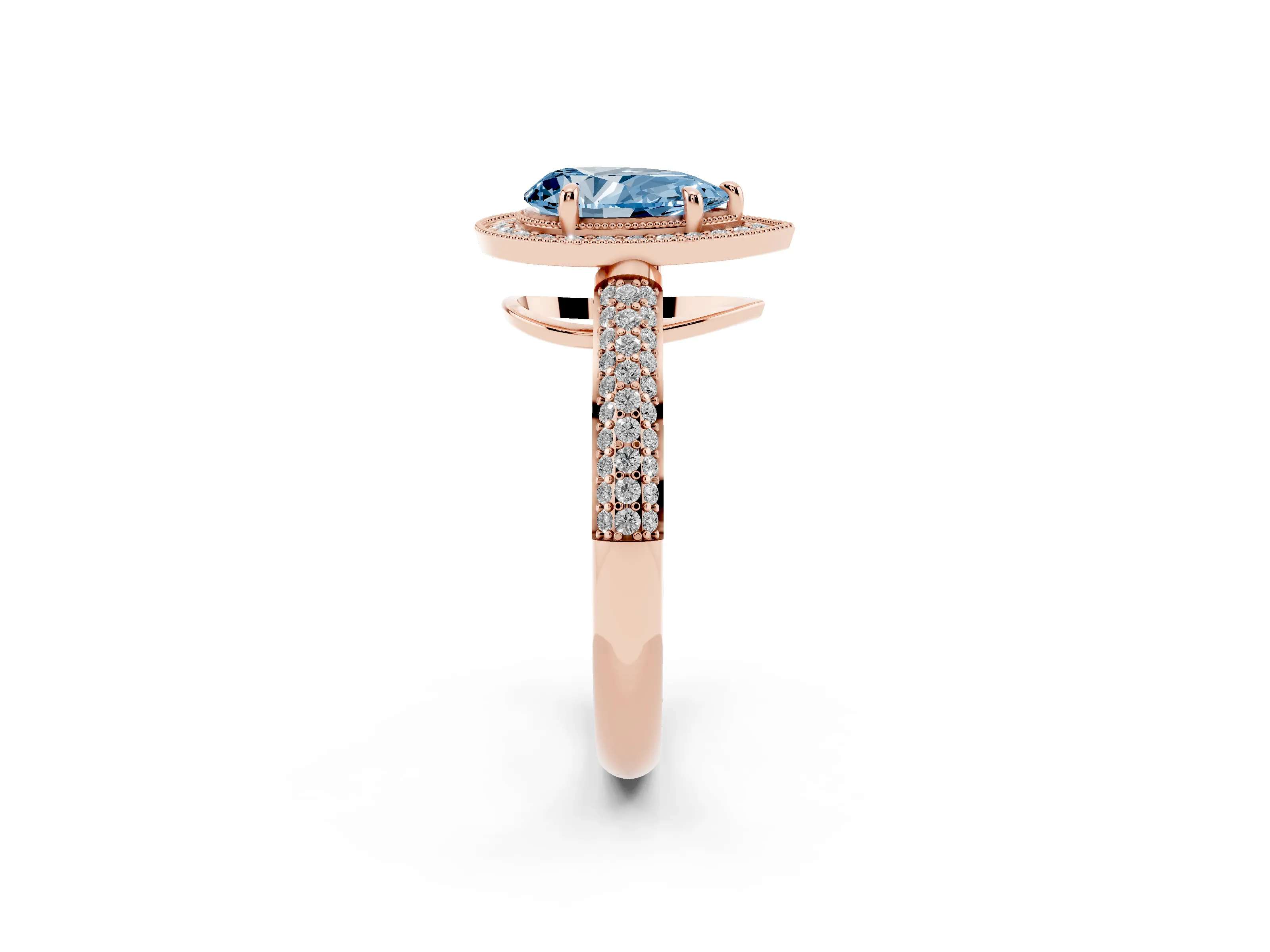 Fancy Blue Pear Cut Diamond Halo Pavé Band Set in Rose gold with Prong Setting
