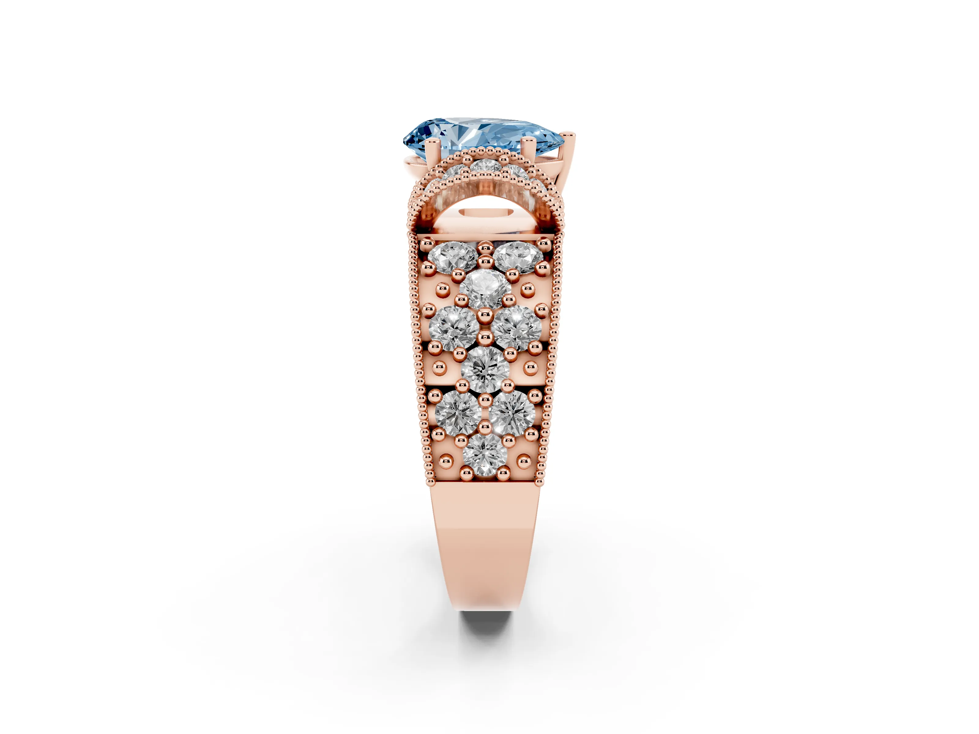Fancy Blue Pear Cut Diamond Milgrain Halo Pavé Engagement Ring Set in Rose gold with Prong Setting