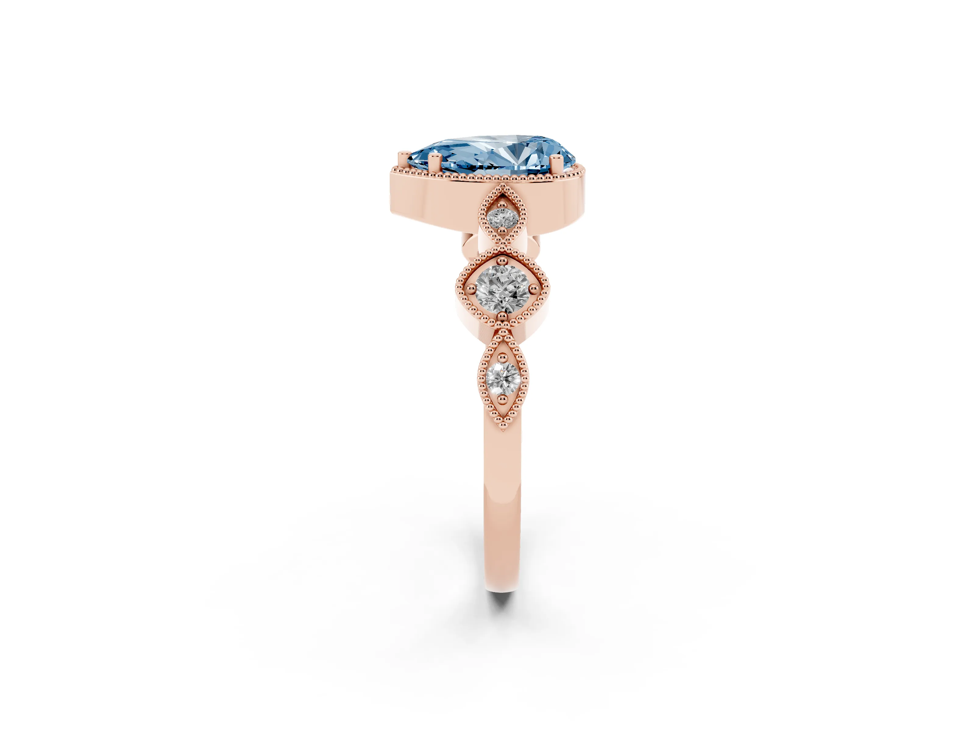 Fancy Blue Pear Cut Diamond Vintage-Inspired Milgrain Ring Set in Rose gold with Marquise Stations of Round Accents