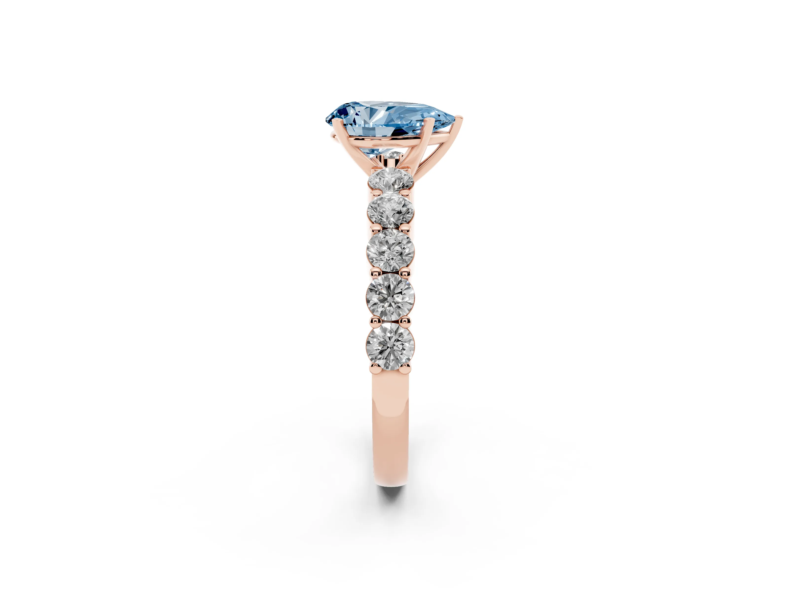 Fancy Blue Pear Cut Diamond Solitaire Ring Set in Rose gold with Shared Prong Round Side Stones