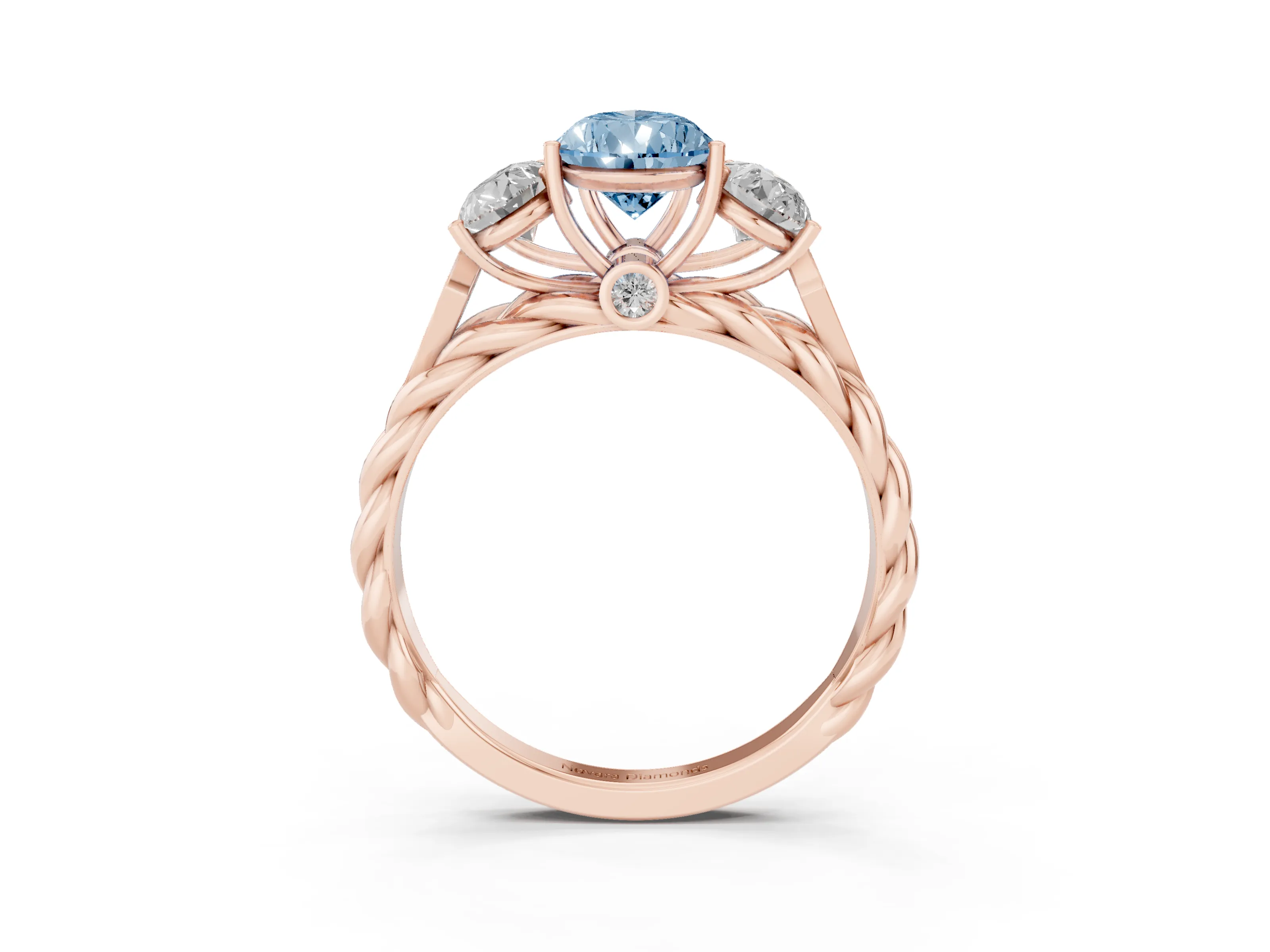 Fancy Blue Pear Cut Diamond Three-Stone Ring Set in Rose gold with Braided Band