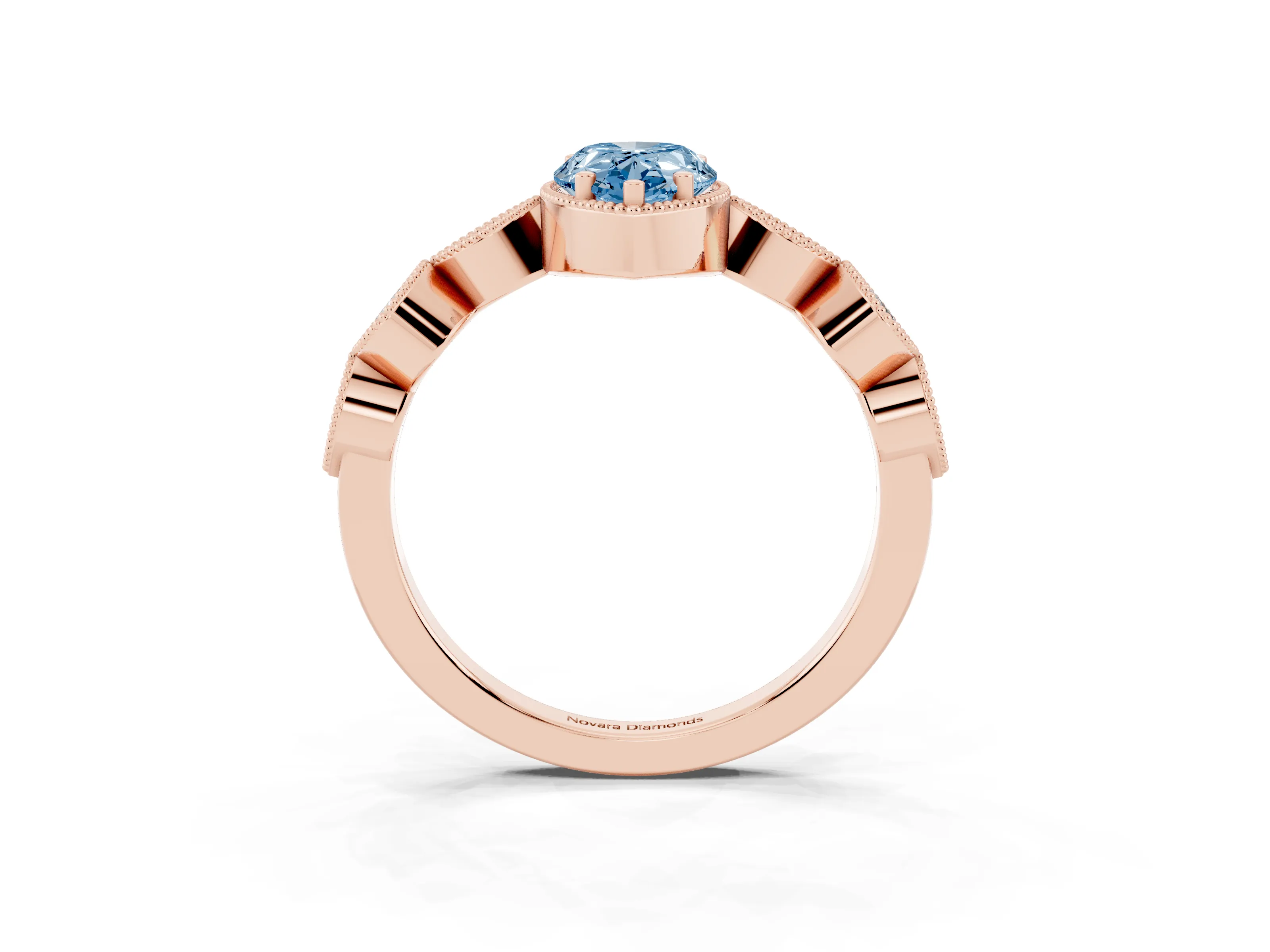 Fancy Blue Pear Cut Diamond Vintage-Inspired Milgrain Ring Set in Rose gold with Marquise Stations of Round Accents