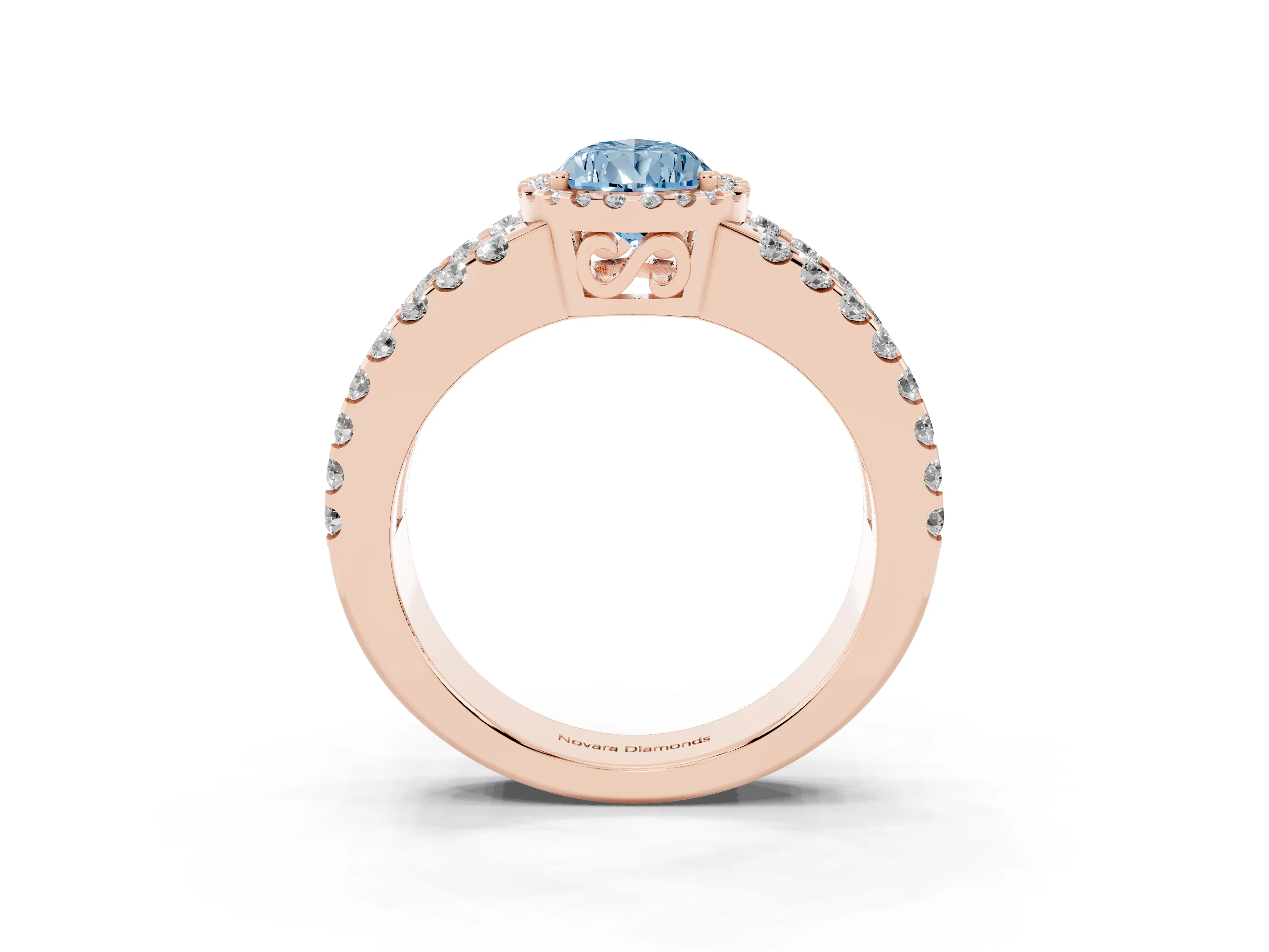 Fancy Blue Pear Cut Diamond Halo Ring Set in Rose gold with Pavé Split Shank and Prong Setting