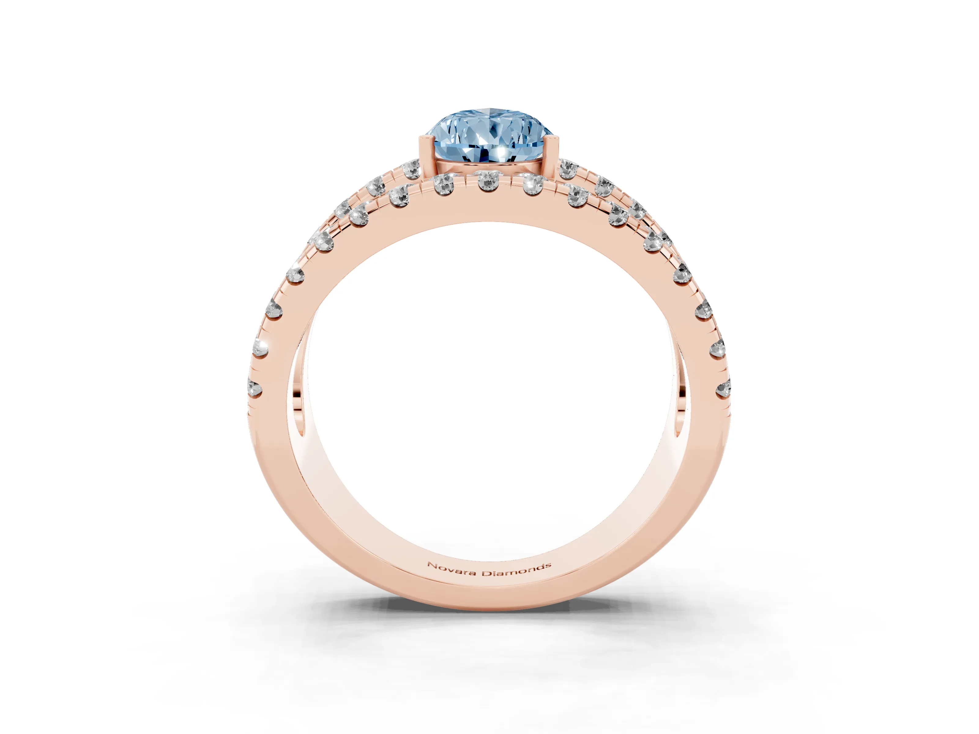 Fancy Blue Pear Cut Diamond Split Shank Pavé Solitaire Ring Set in Rose gold with Open Shank Design
