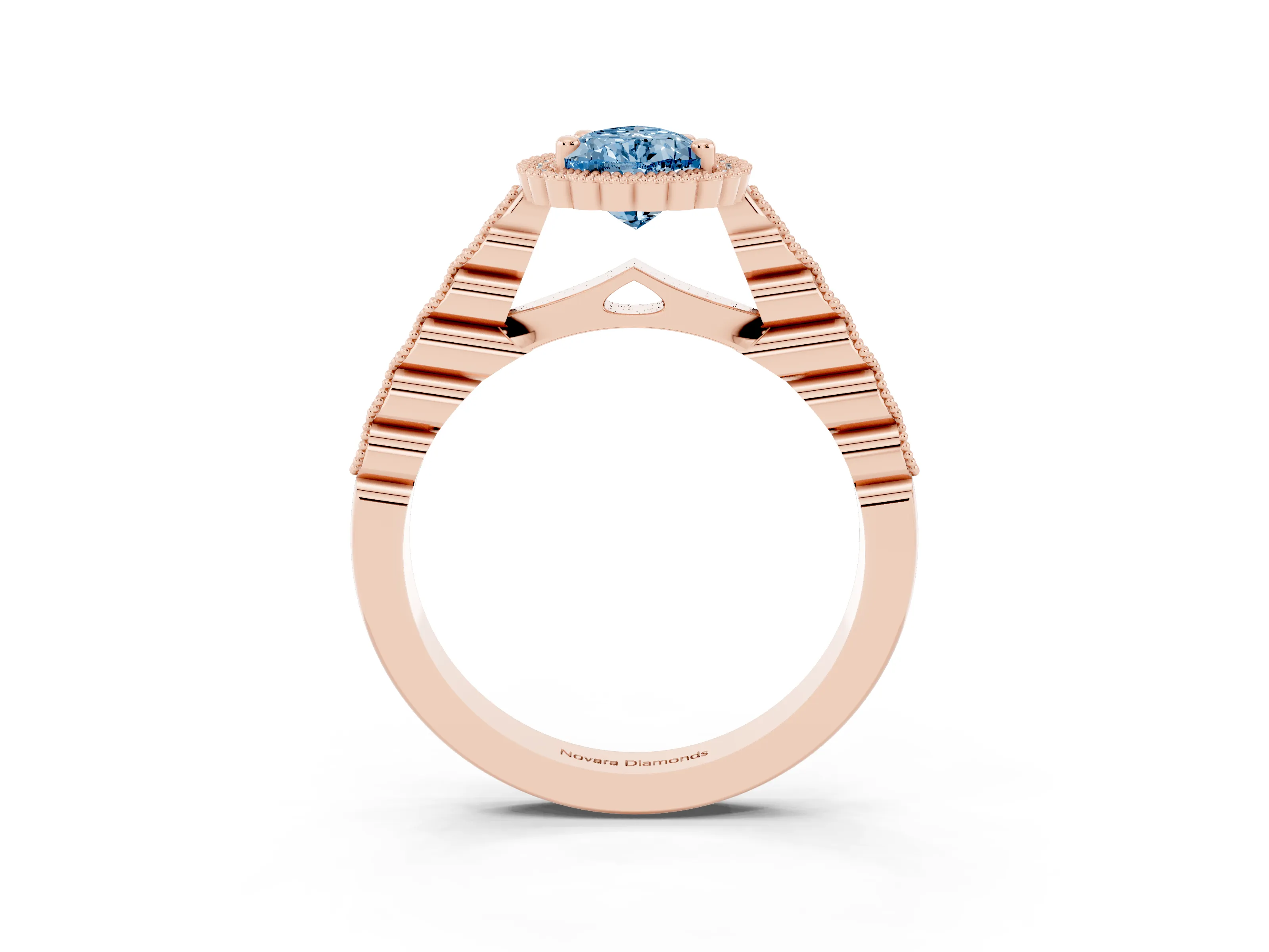 Fancy Blue Pear Cut Diamond Halo Ring Set in Rose gold with Pavé Milgrain Band