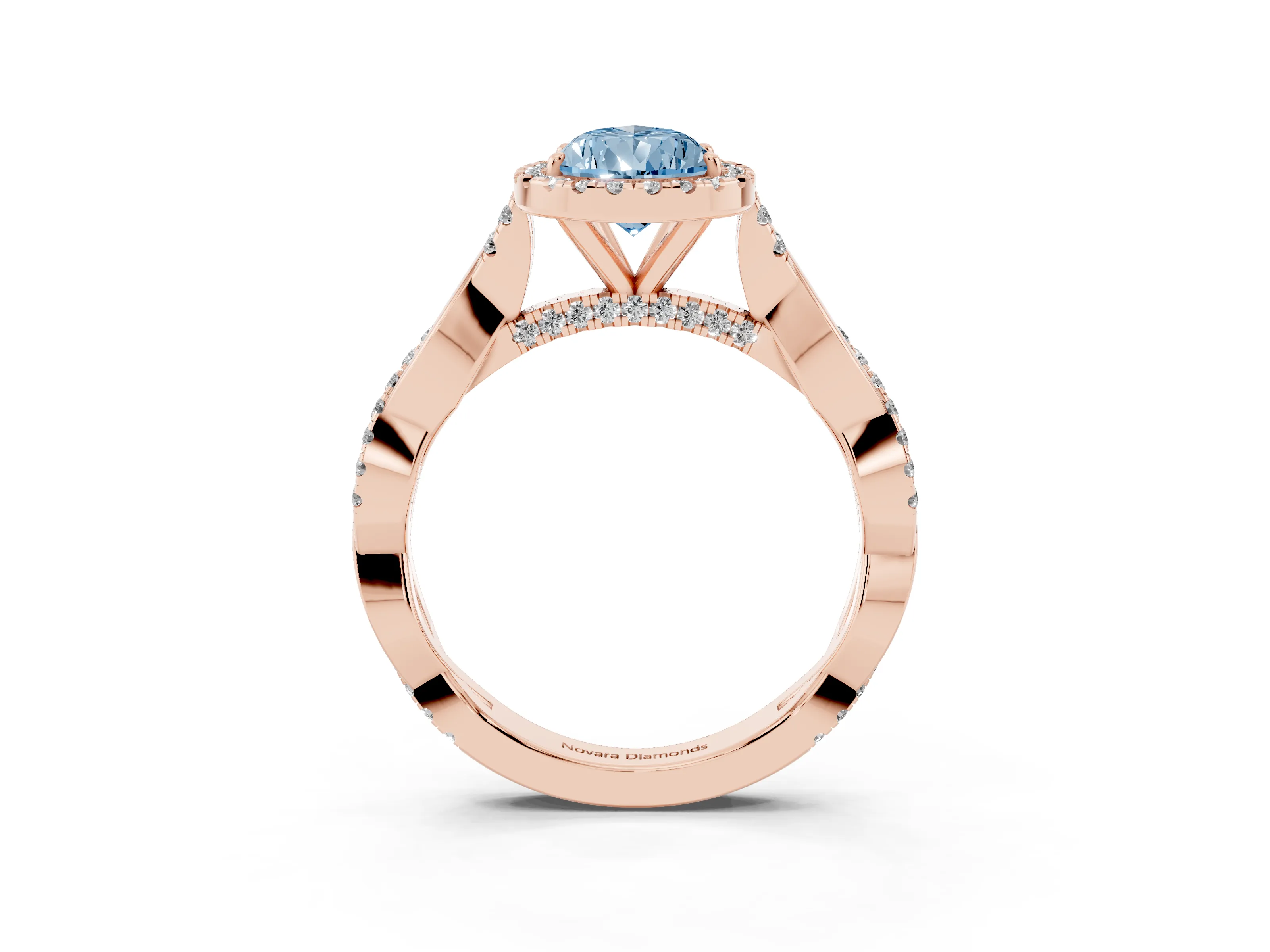 Fancy Blue Pear Cut Diamond Halo Twist Band Solitaire Ring Set in Rose gold with Prong Setting