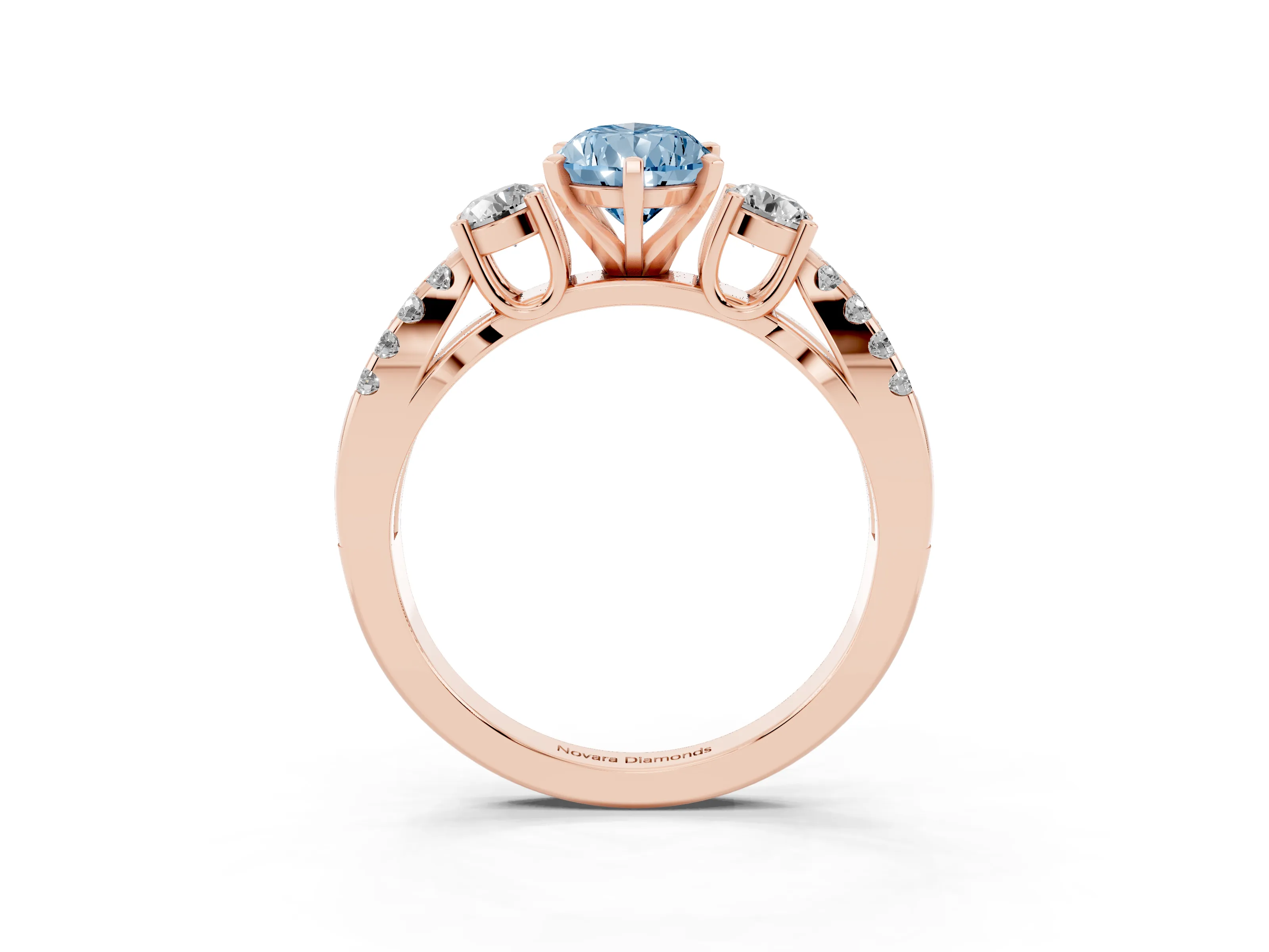 Fancy Blue Pear Cut Diamond Three-Stone Ring Set in Rose gold with Pavé Split Shank and Prong Setting