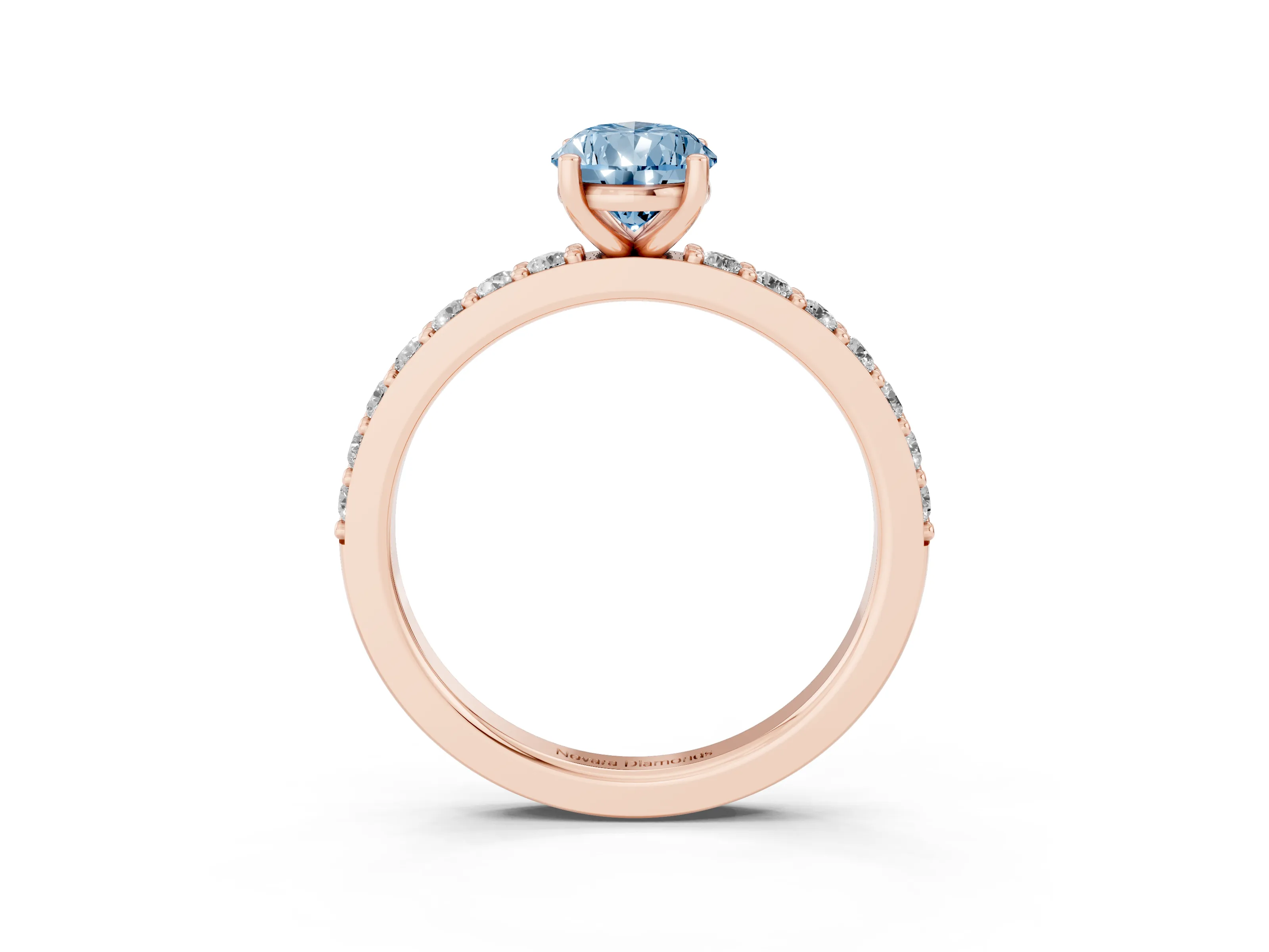 Fancy Blue Pear Cut Diamond Solitaire Set in Rose gold with Round Pavé Band and Prong Setting