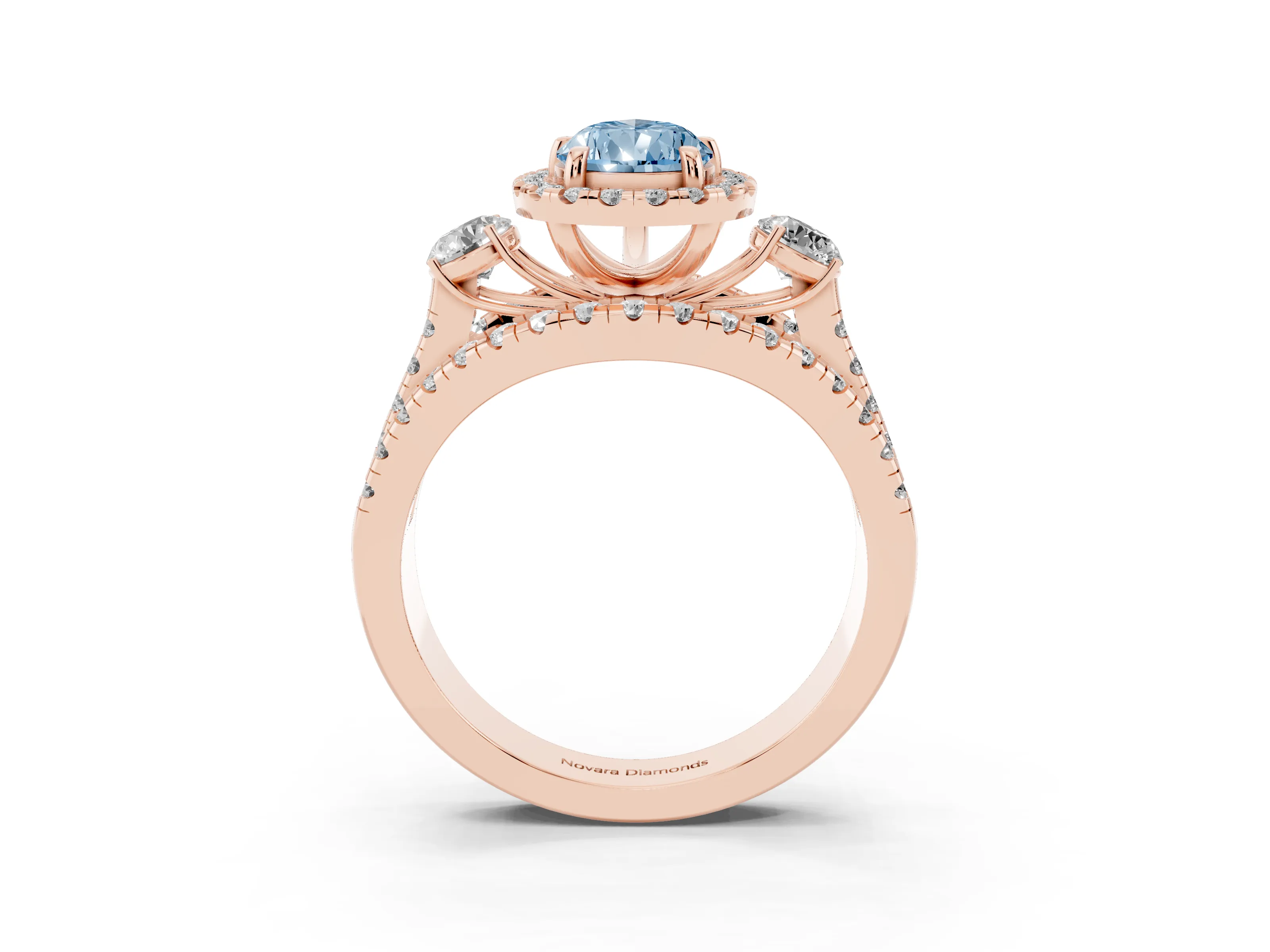 Fancy Blue Pear Cut Diamond Halo Split Shank Ring Set in Rose gold with Round Accent Stones and Prong Setting