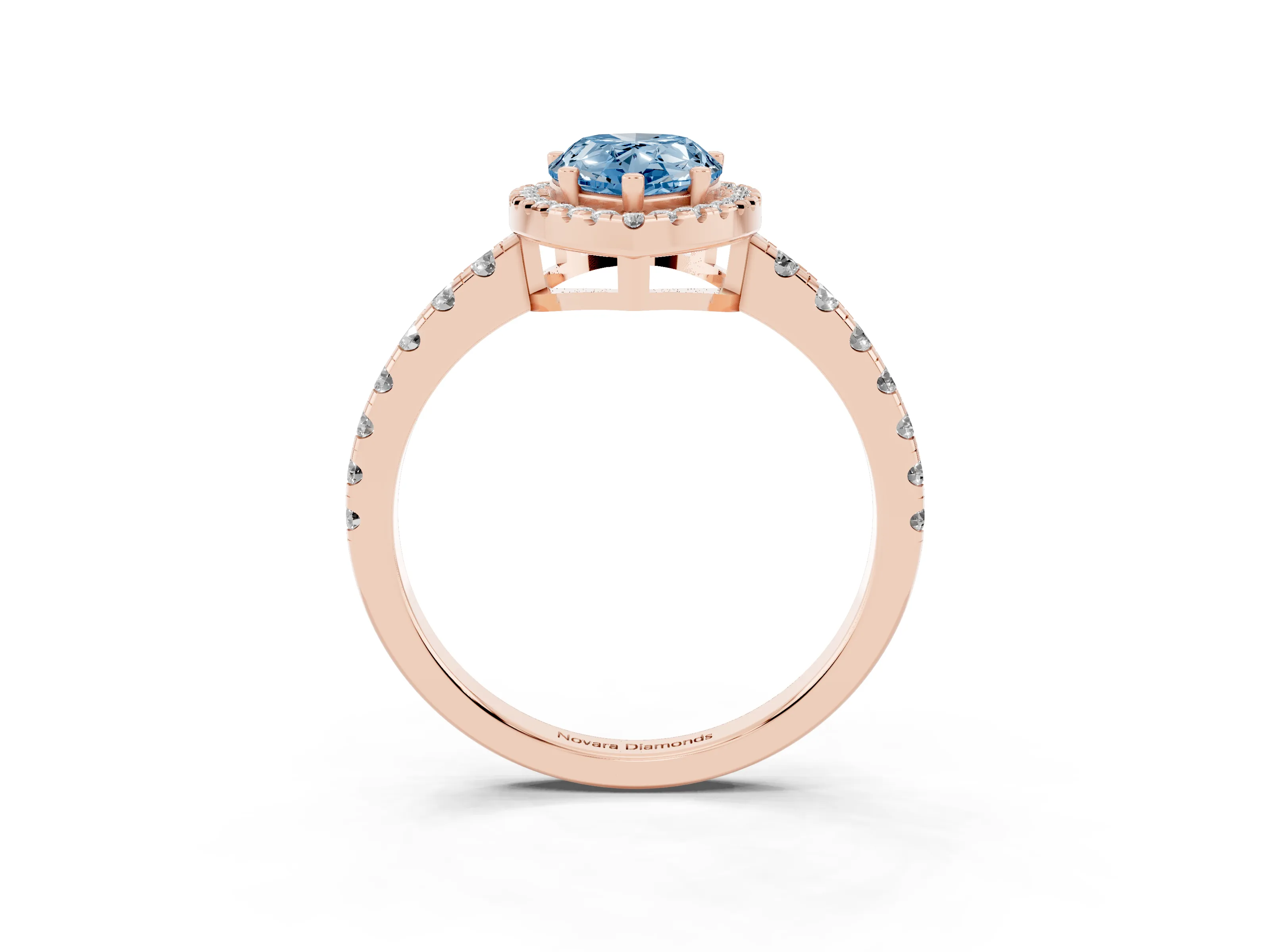 Fancy Blue Pear Cut Diamond Halo Ring Set in Rose gold with Delicate Pavé Band and Prong Setting