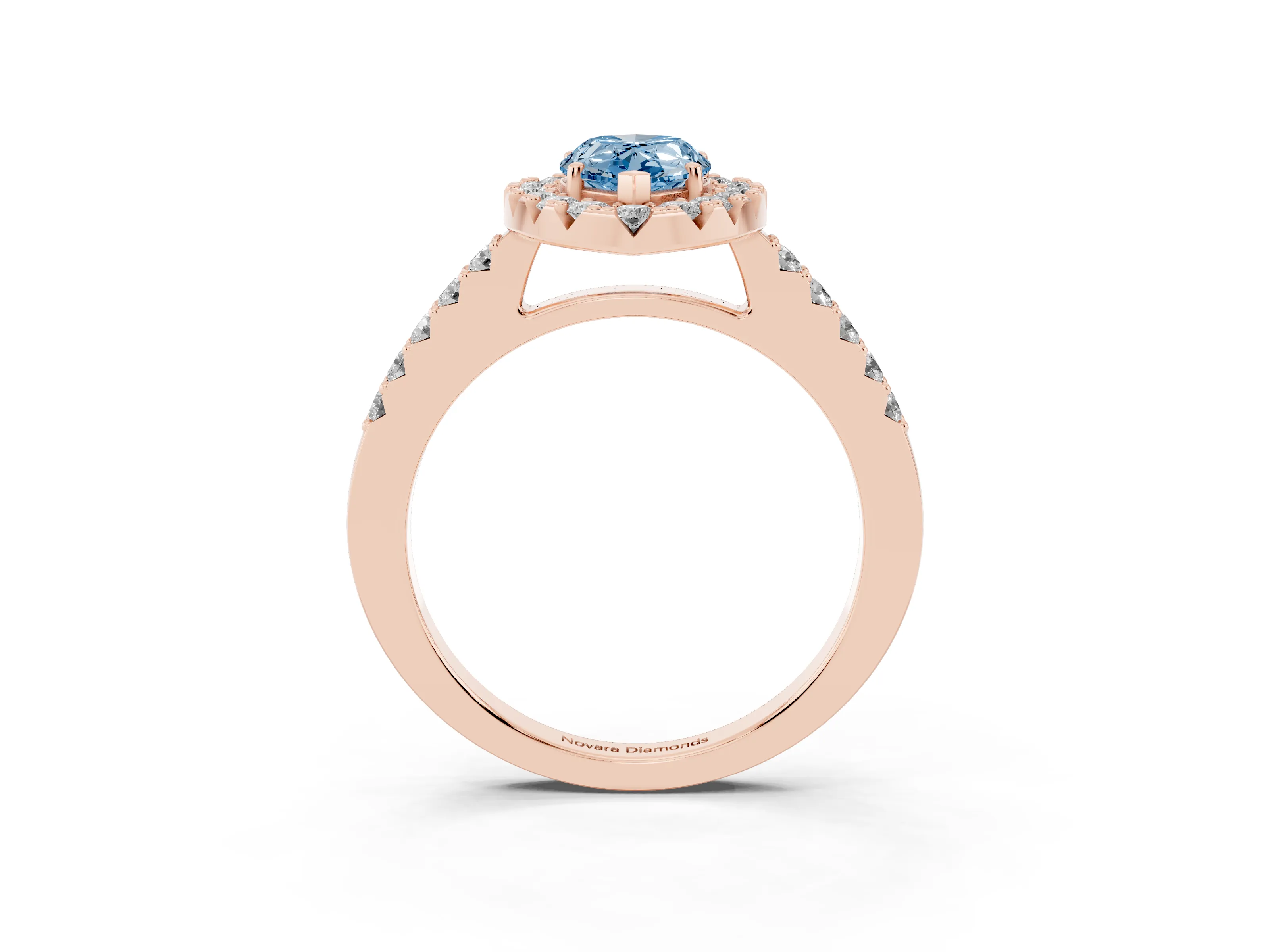 Fancy Blue Pear Cut Diamond Halo Pavé Solitaire Ring Set in Rose gold with Prong-Set Center Stone