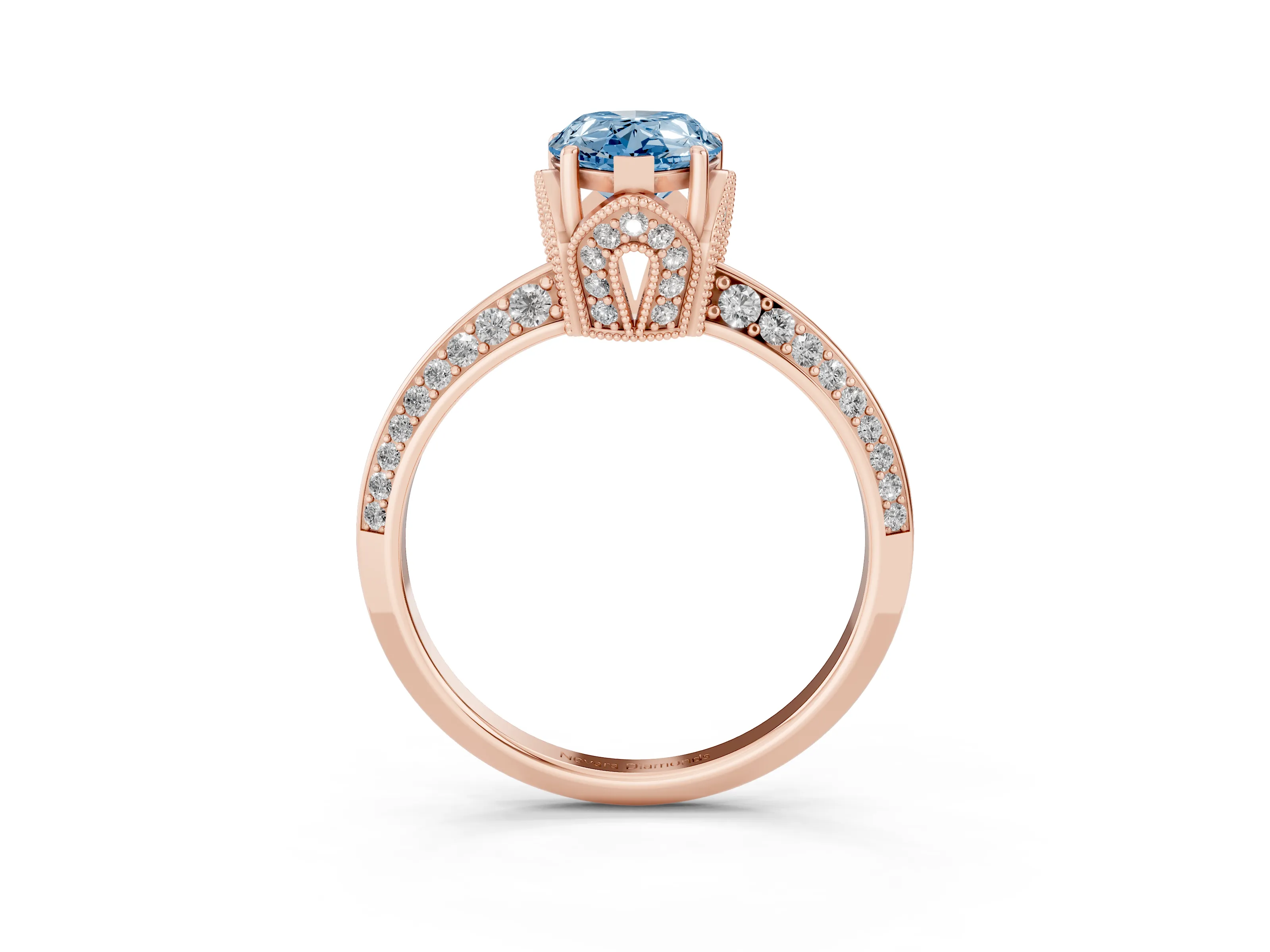 Fancy Blue Pear Cut Diamond Solitaire Engagement Ring Set in Rose gold with Pavé Split Shank and Prong Setting