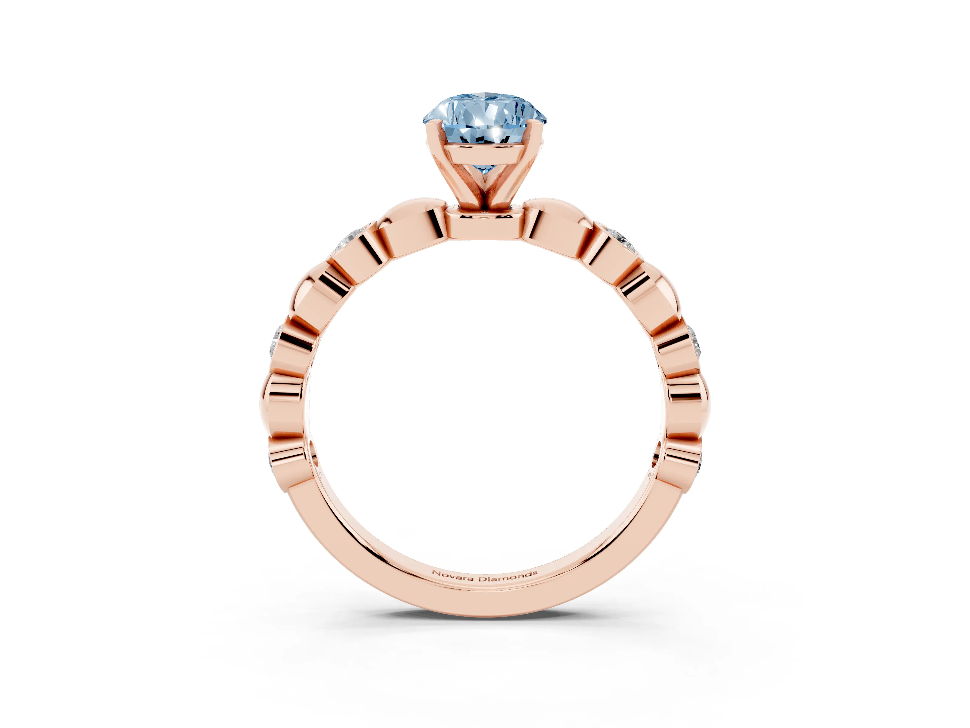 Fancy Blue Pear Cut Diamond Solitaire Ring Set in Rose gold with Bezel-Set Accents on Beaded Band and Prong Setting