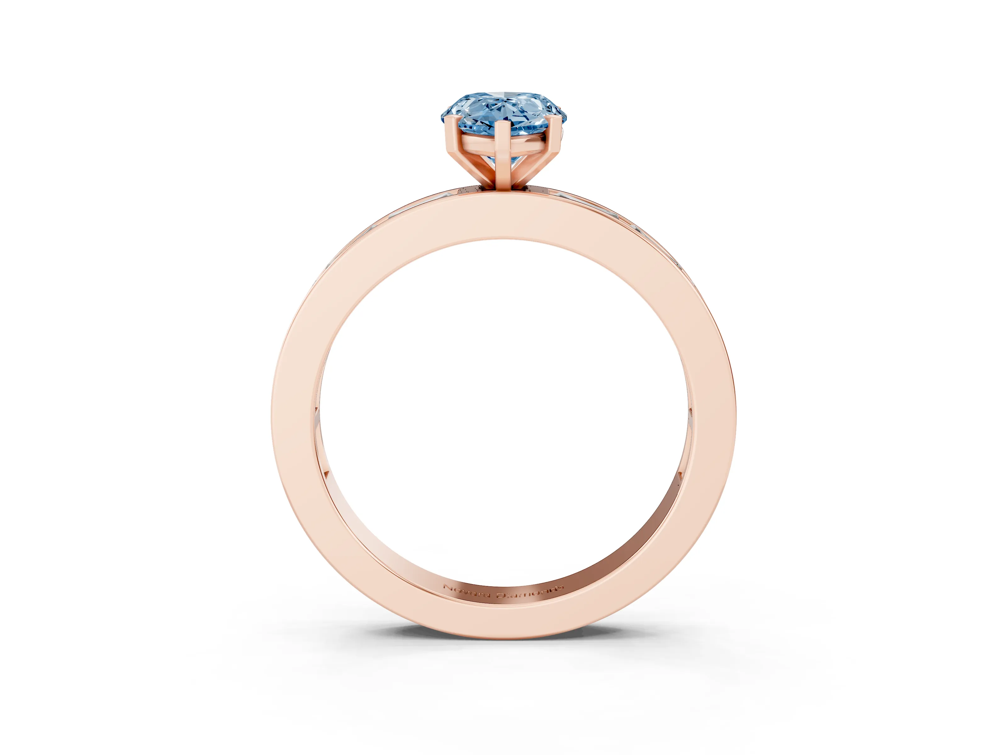 Fancy Blue Pear Cut Diamond Solitaire Ring Set in Rose gold with Channel-Set Baguette Band and Prong Setting