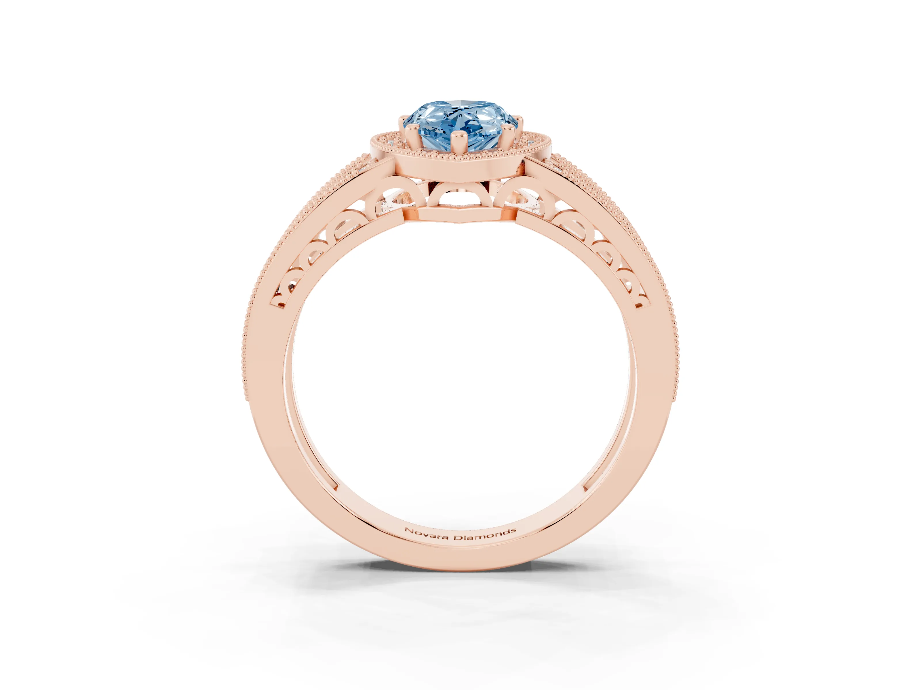 Fancy Blue Pear Cut Diamond Halo Ring Set in Rose gold with Accent Split Shank and Prong Setting