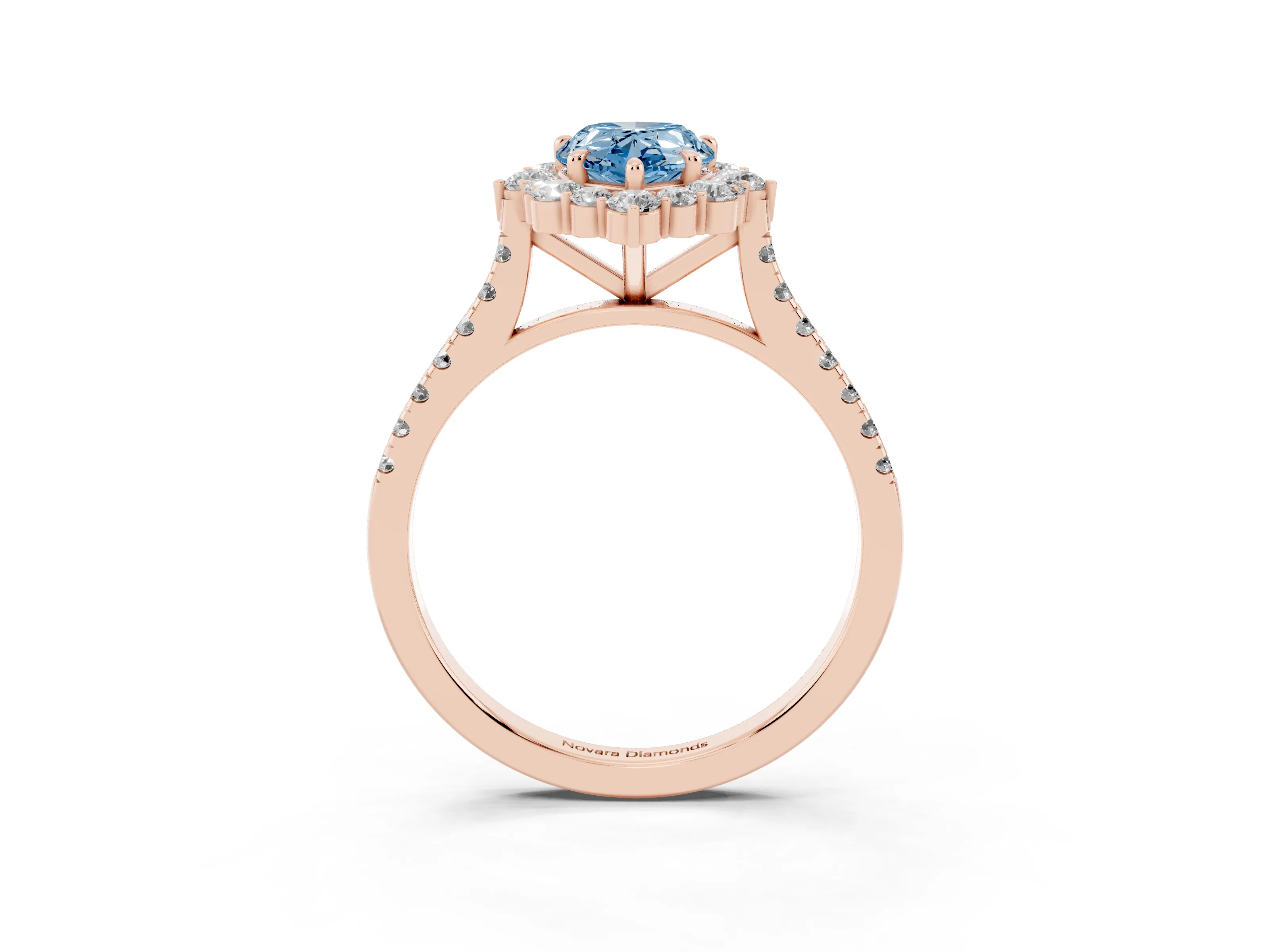 Fancy Blue Pear Cut Diamond Halo Ring Set in Rose gold with Pavé Band and Prong Setting