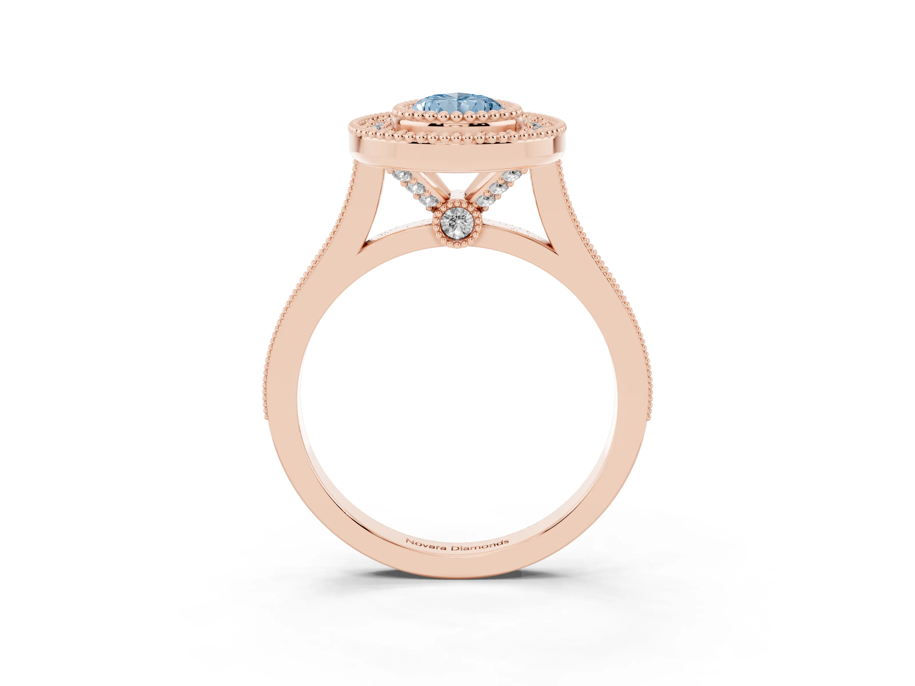 Fancy Blue Pear Cut Diamond Halo Ring Set in Rose gold with Milgrain Frame and Pavé Band