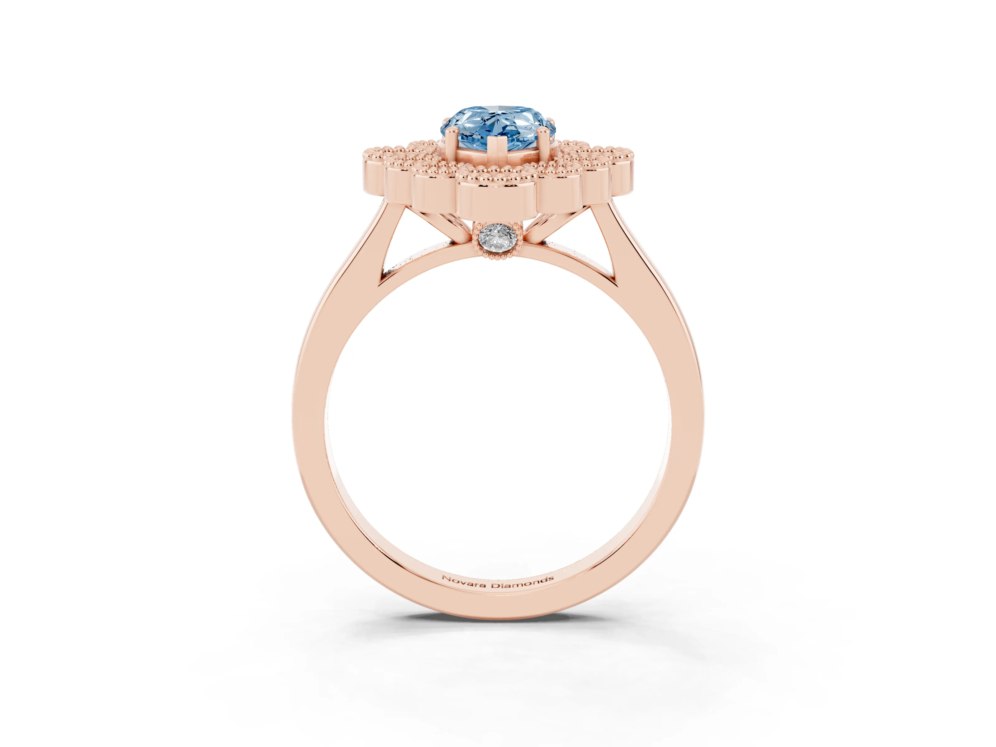 Fancy Blue Pear Cut Diamond Cluster Halo Ring Set in Rose gold with Milgrain Bezel Accents and Plain Band