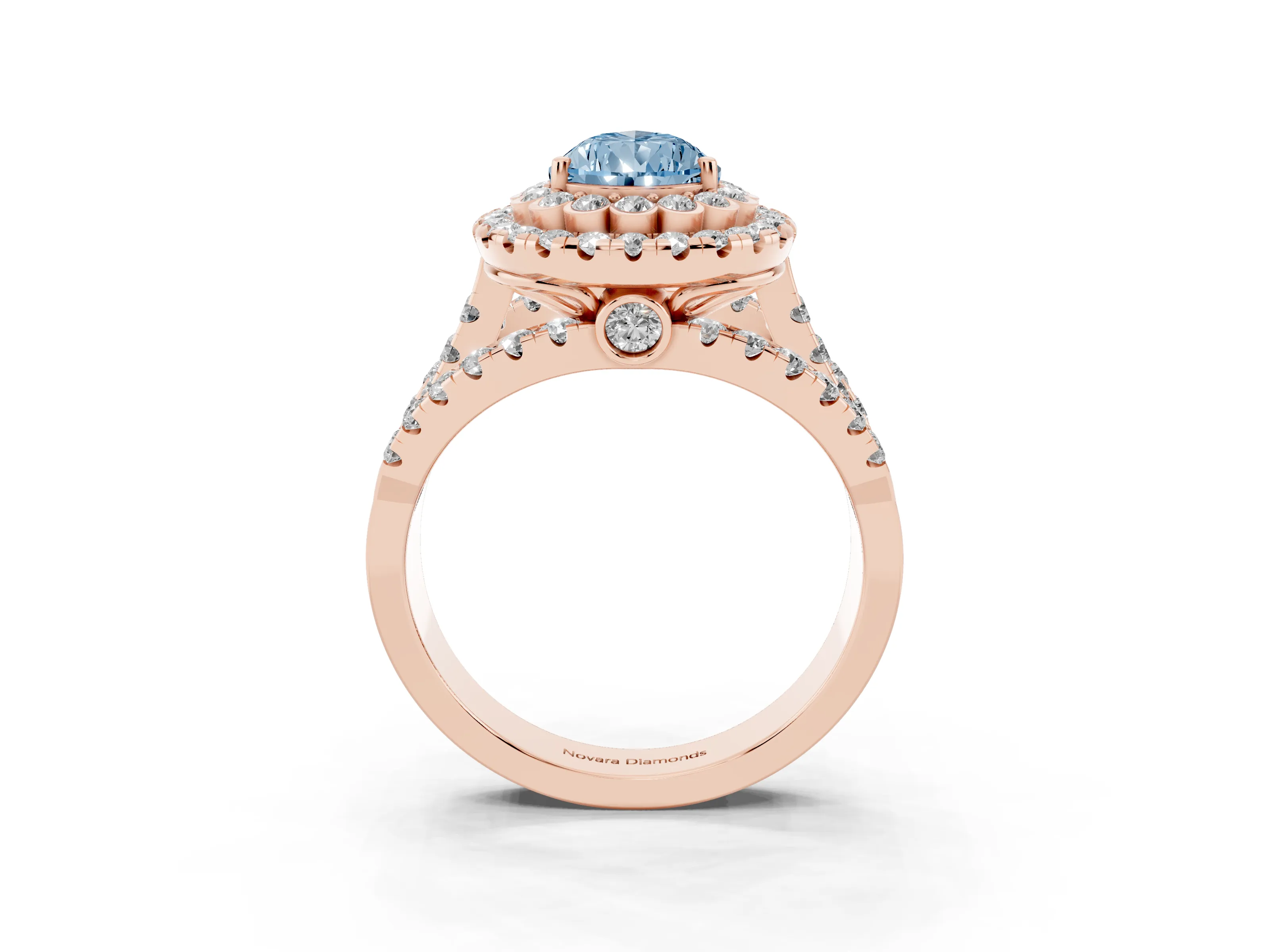 Fancy Blue Pear Cut Diamond Double Halo Ring Set in Rose gold with Round Pavé Split Shank