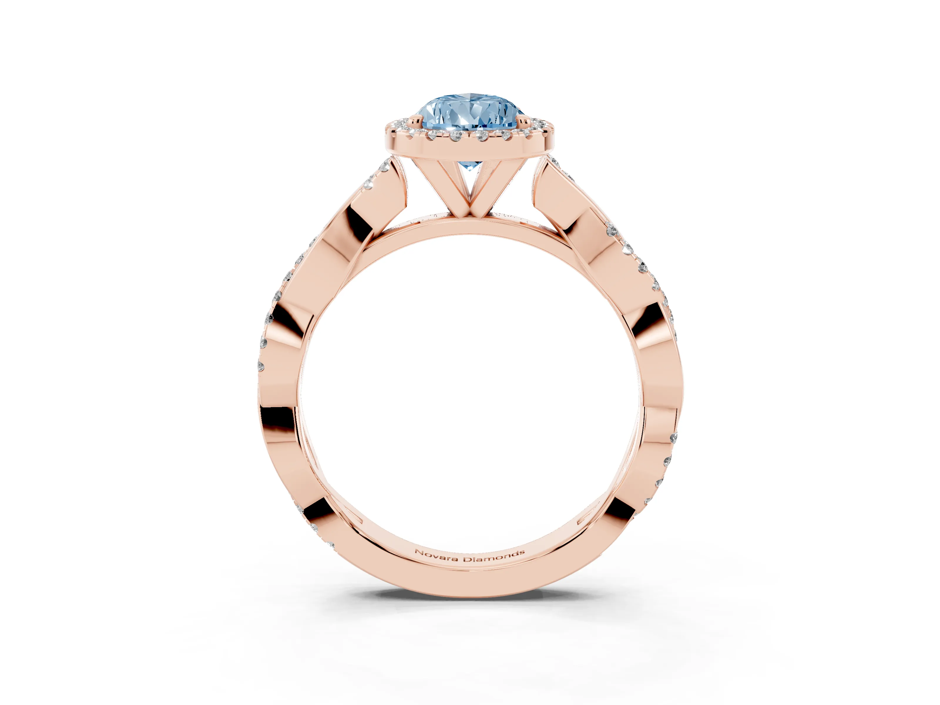 Fancy Blue Pear Cut Diamond Halo Twisted Band Ring Set in Rose gold with Prong Setting