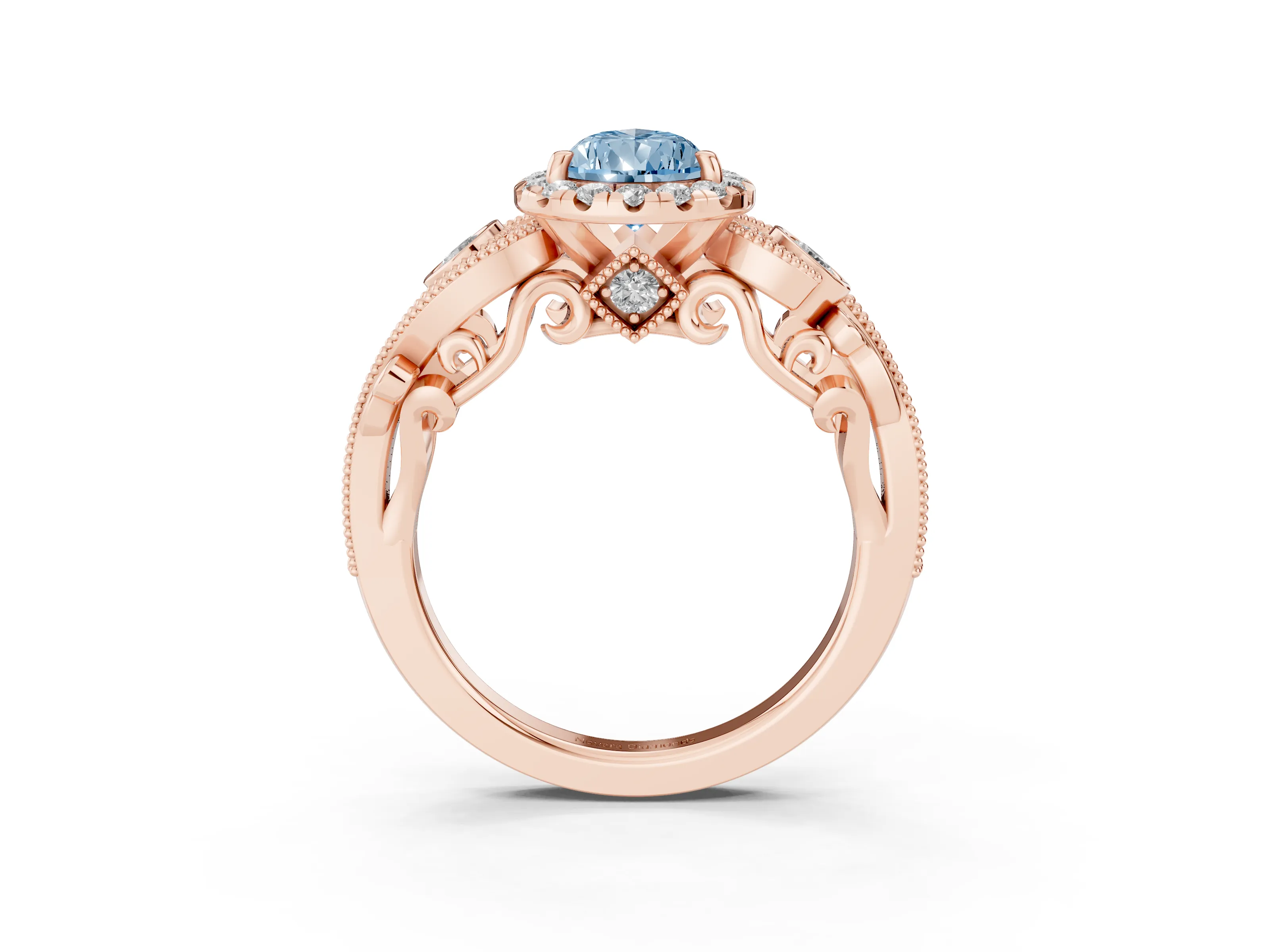 Fancy Blue Pear Cut Diamond Halo Ring Set in Rose gold with Milgrain Pavé Band and Prong Setting