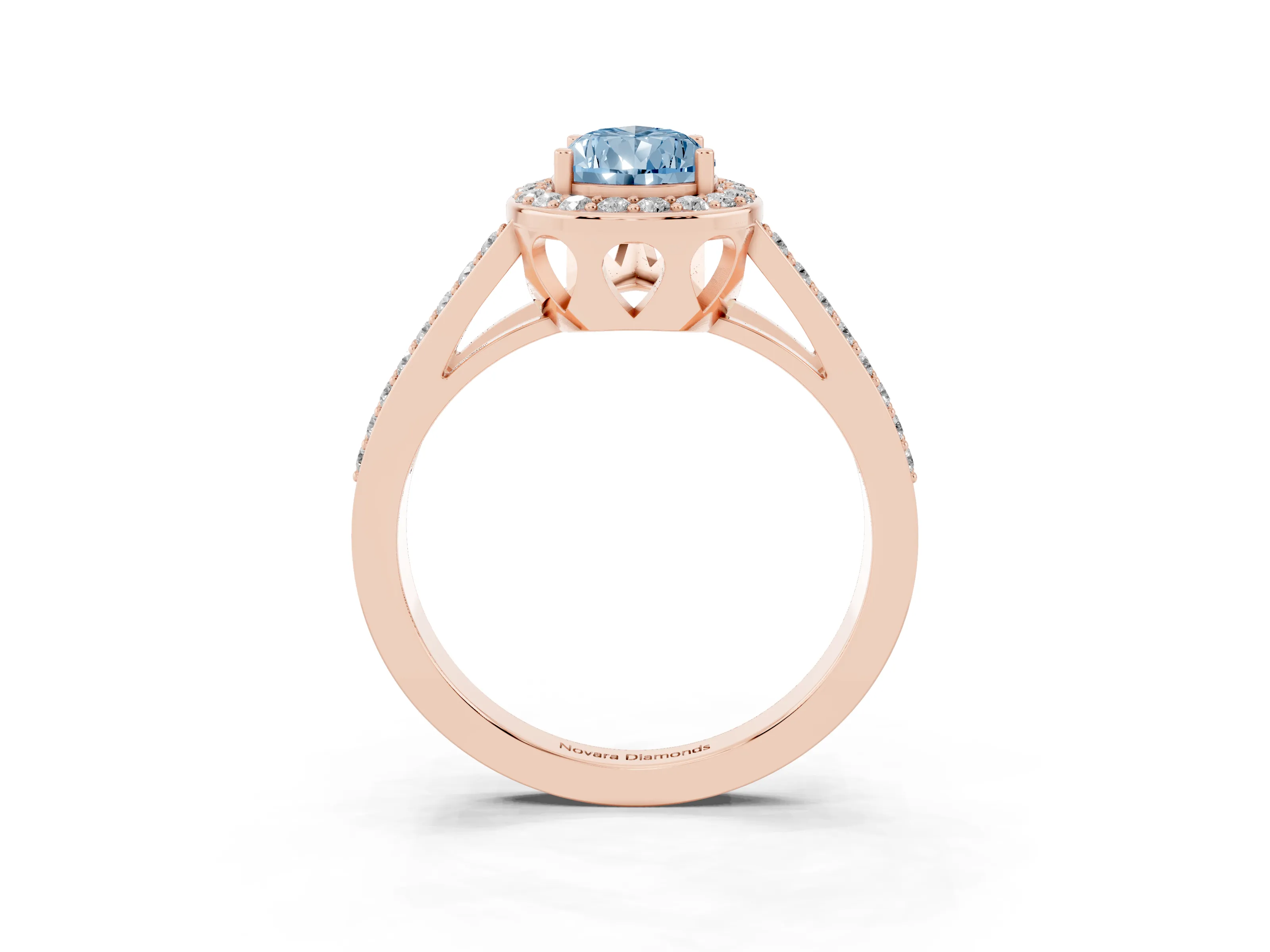 Fancy Blue Pear Cut Diamond Halo Ring Set in Rose gold with U-Prong Split Shank and Prong Setting