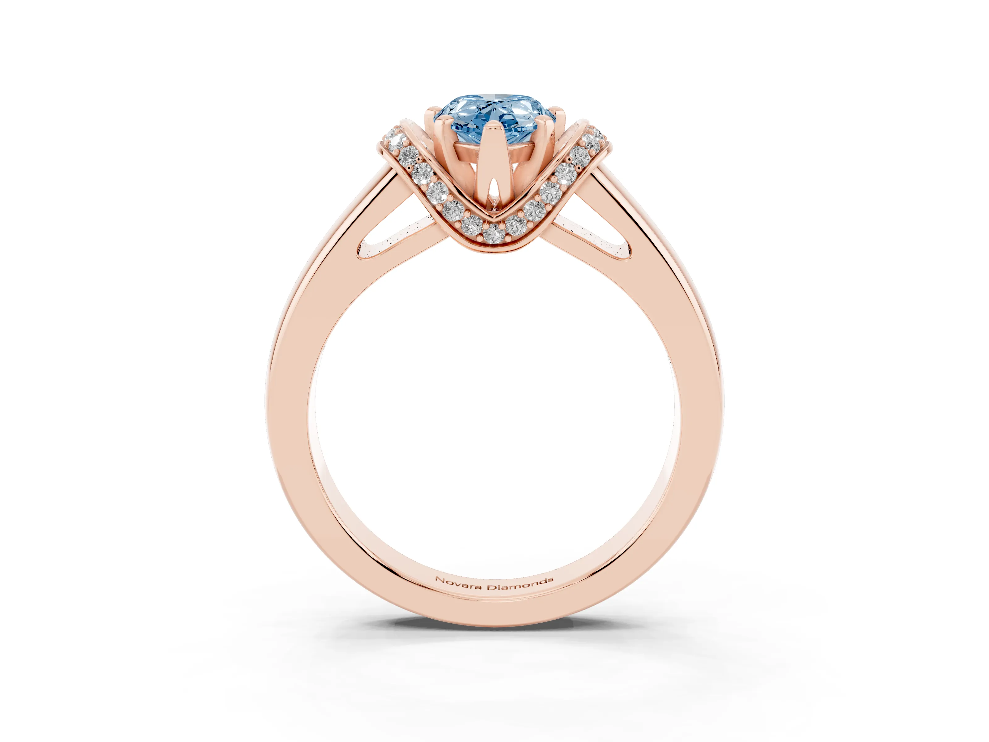 Fancy Blue Pear Cut Diamond Pavé Band Solitaire Ring Set in Rose gold with Prong Setting