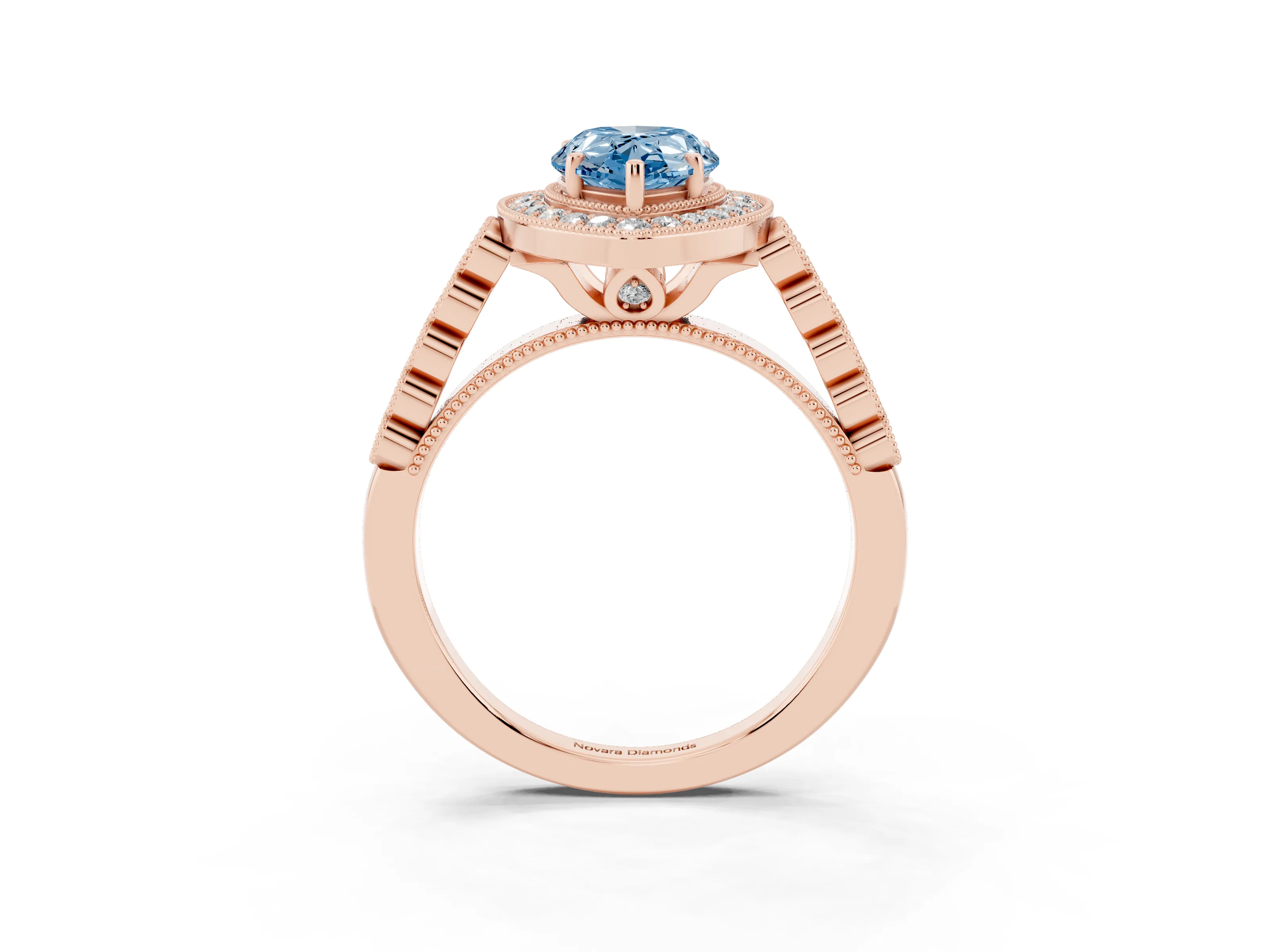 Fancy Blue Pear Cut Diamond Milgrain Halo Solitaire Ring Set in Rose gold with Bezel Set Side Stones and Pavé Band